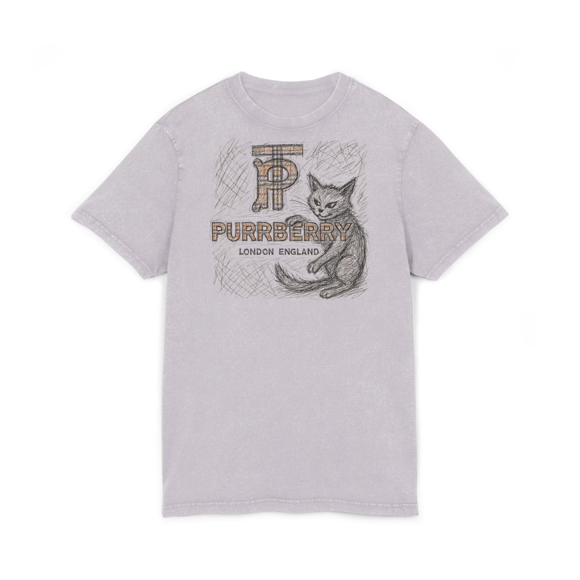 Purrberry Heritage Sketch Logo Soft Lilac Acid Washed Cat Graphic T Shirt, cat lover t shirts unisex