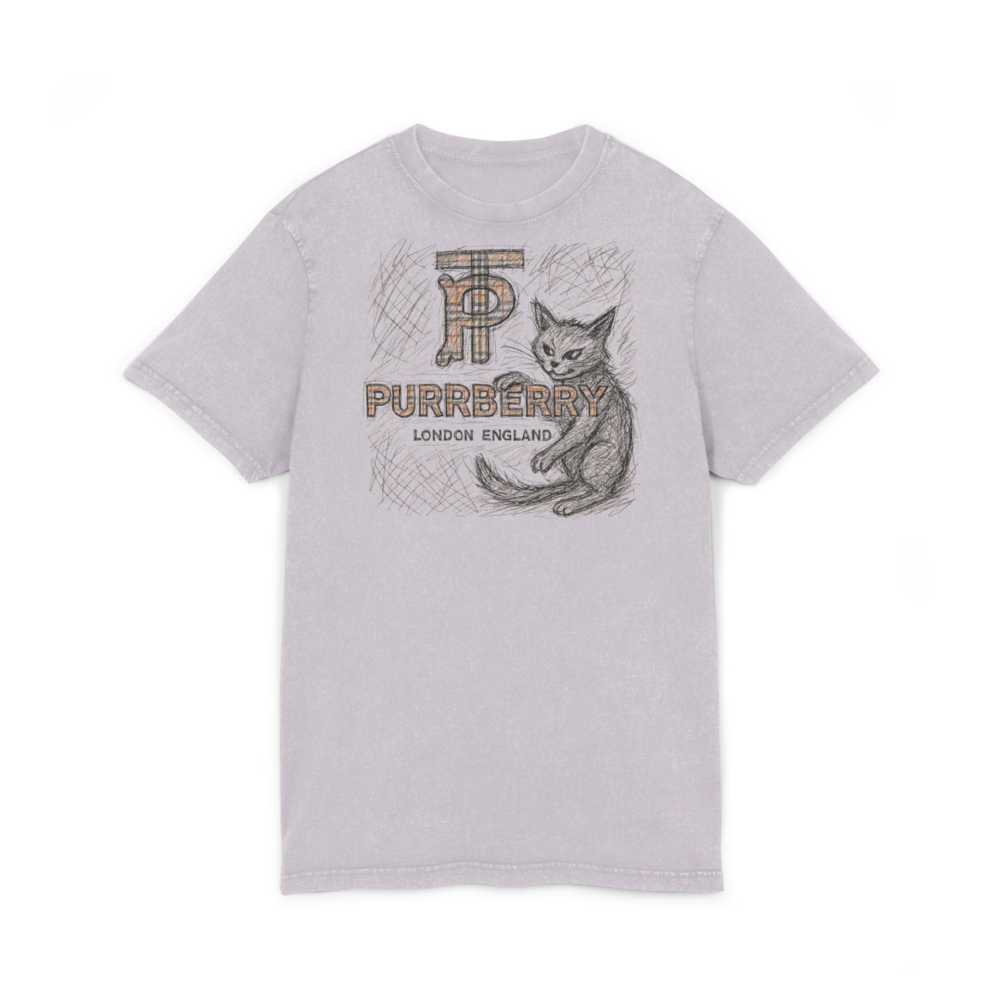 Purrberry Heritage Sketch Logo Soft Lilac Acid Washed Cat Graphic T Shirt, cat lover t shirts unisex