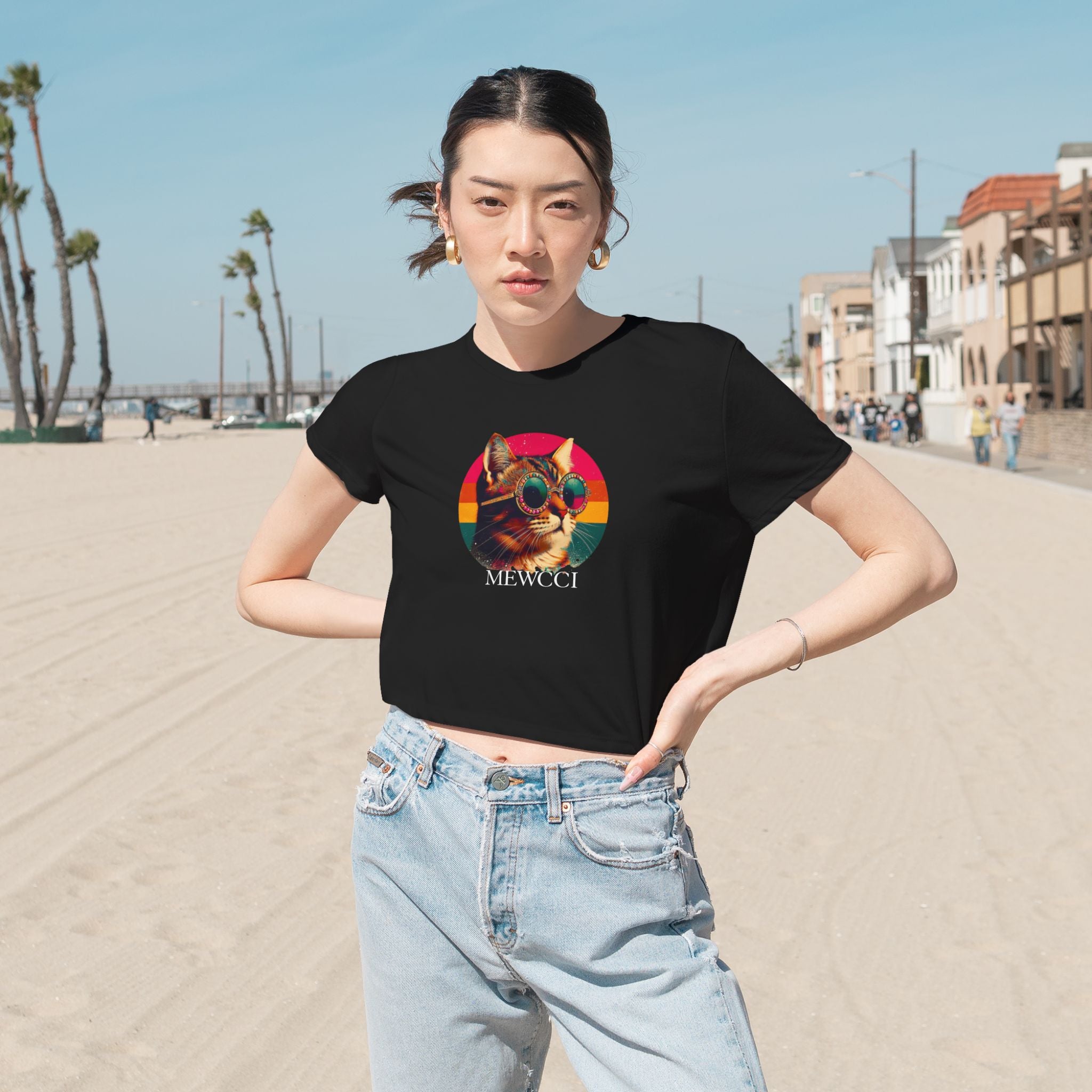 Cat themed clothing black crop top model wearing outdoors on boardwalk