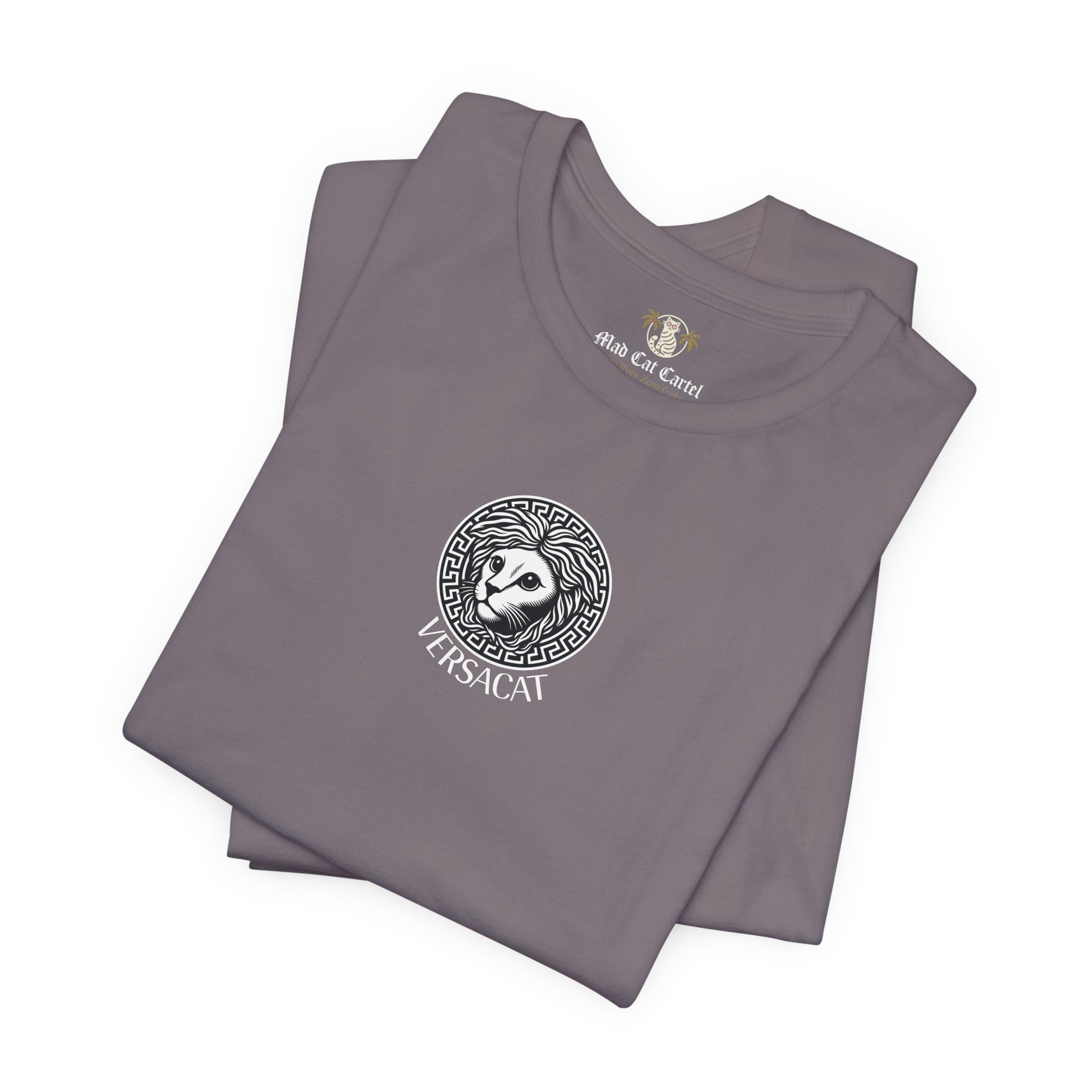 Folded storm grey Versacat Imperial Emblem cat lover t shirt – gift ideas for cat owners and casual style