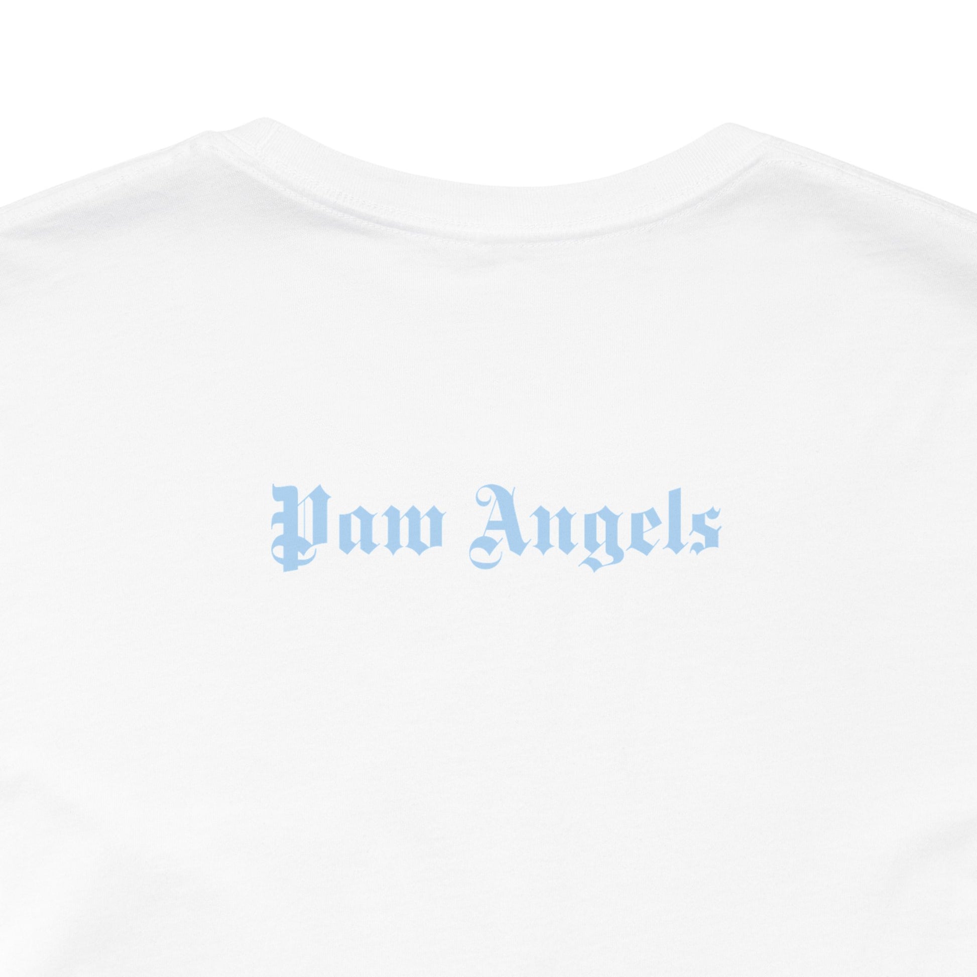 Blue back print on white t shirt – Paw Angels script, cat lover t shirt