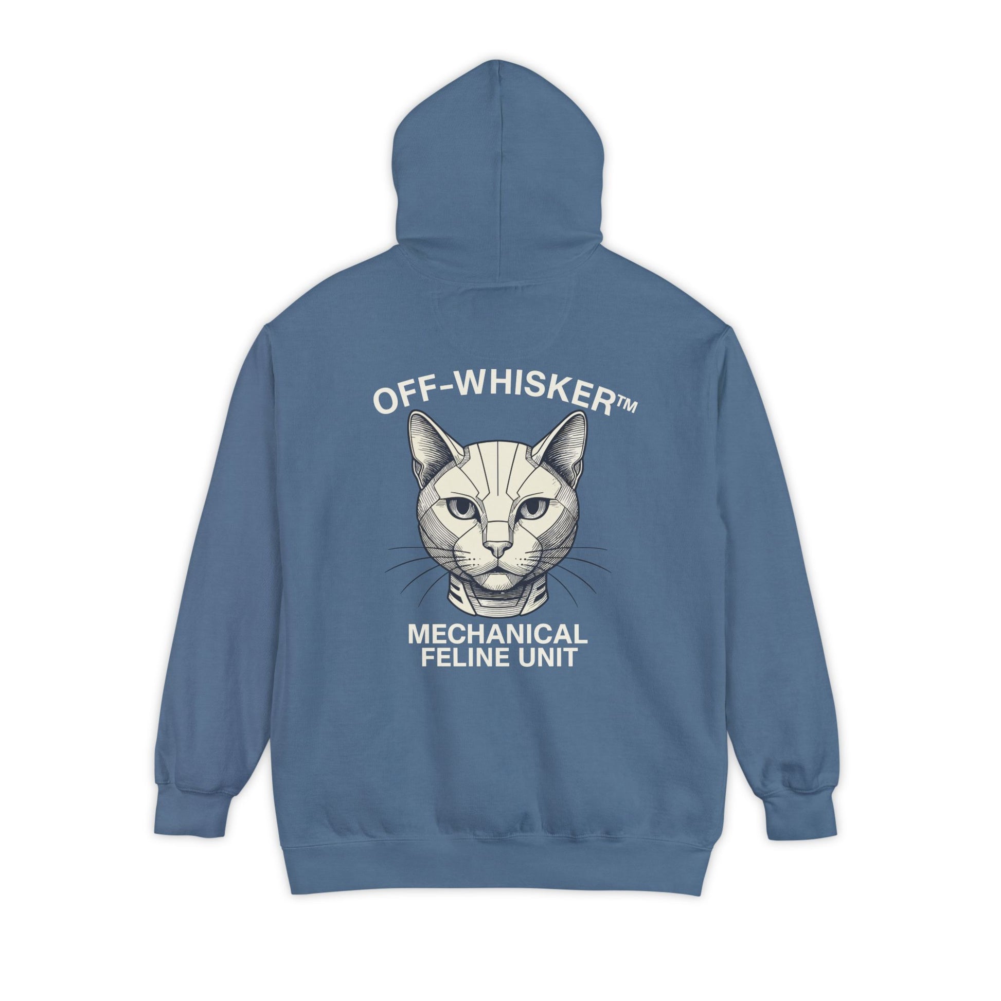 Back view of Off-Whisker blue jean hoodie with mechanical cat design, hoodie for cat lovers