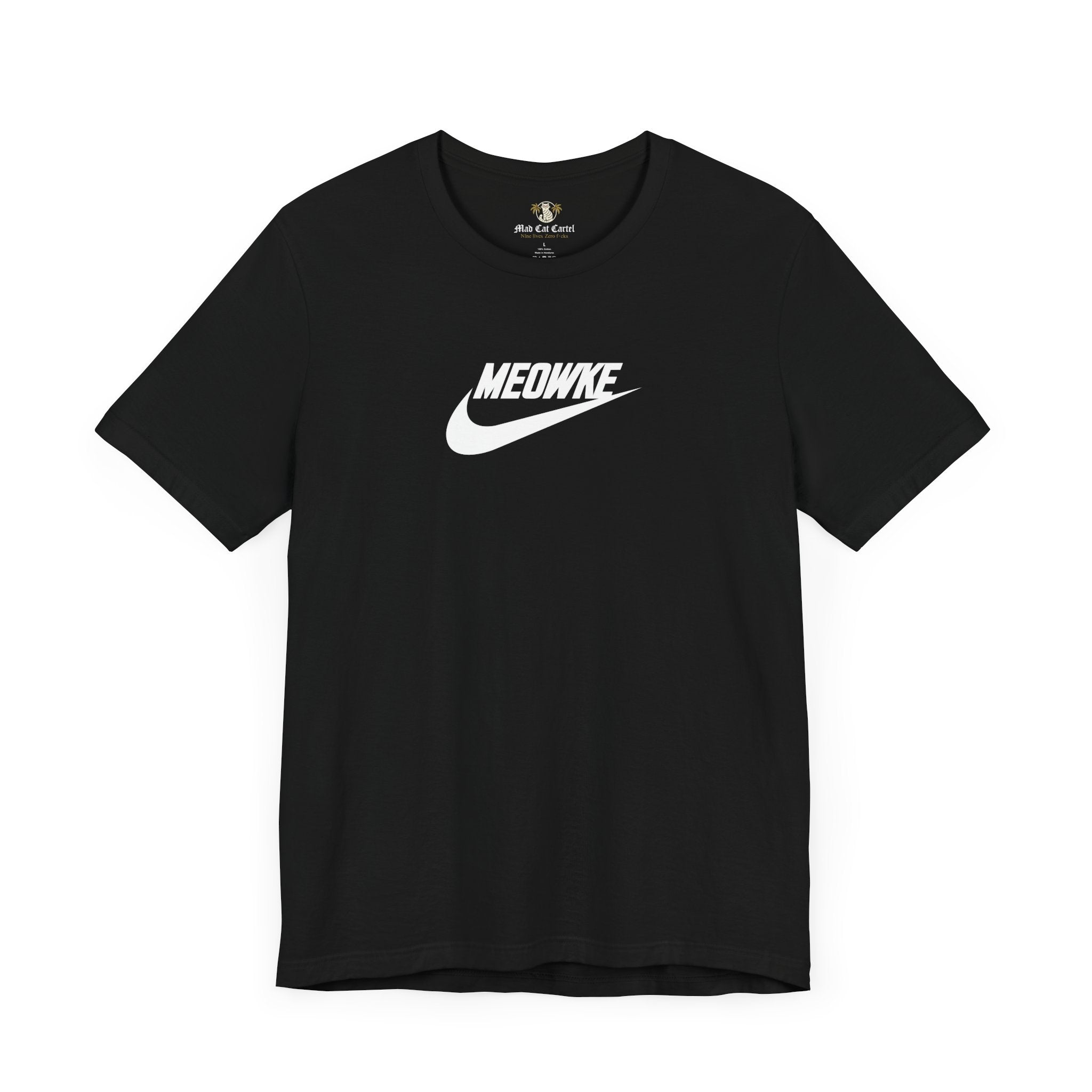 Funny t shirts for men – black unisex tee, front view, white Meowke chest logo
