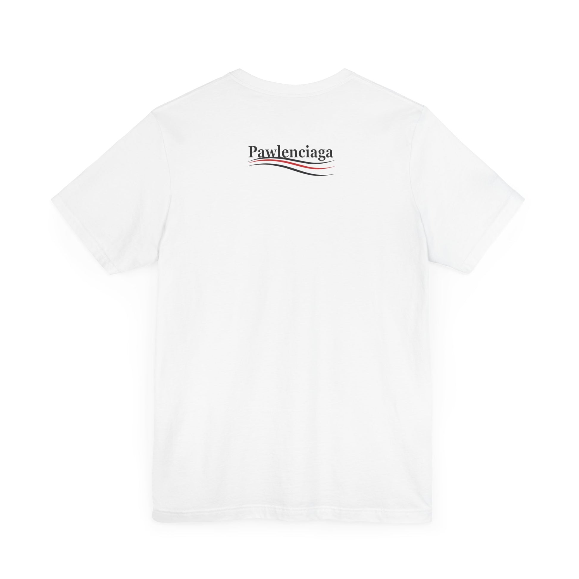 white Pawlenciaga cat tee, flat back, tee shirts with cats on them, back print