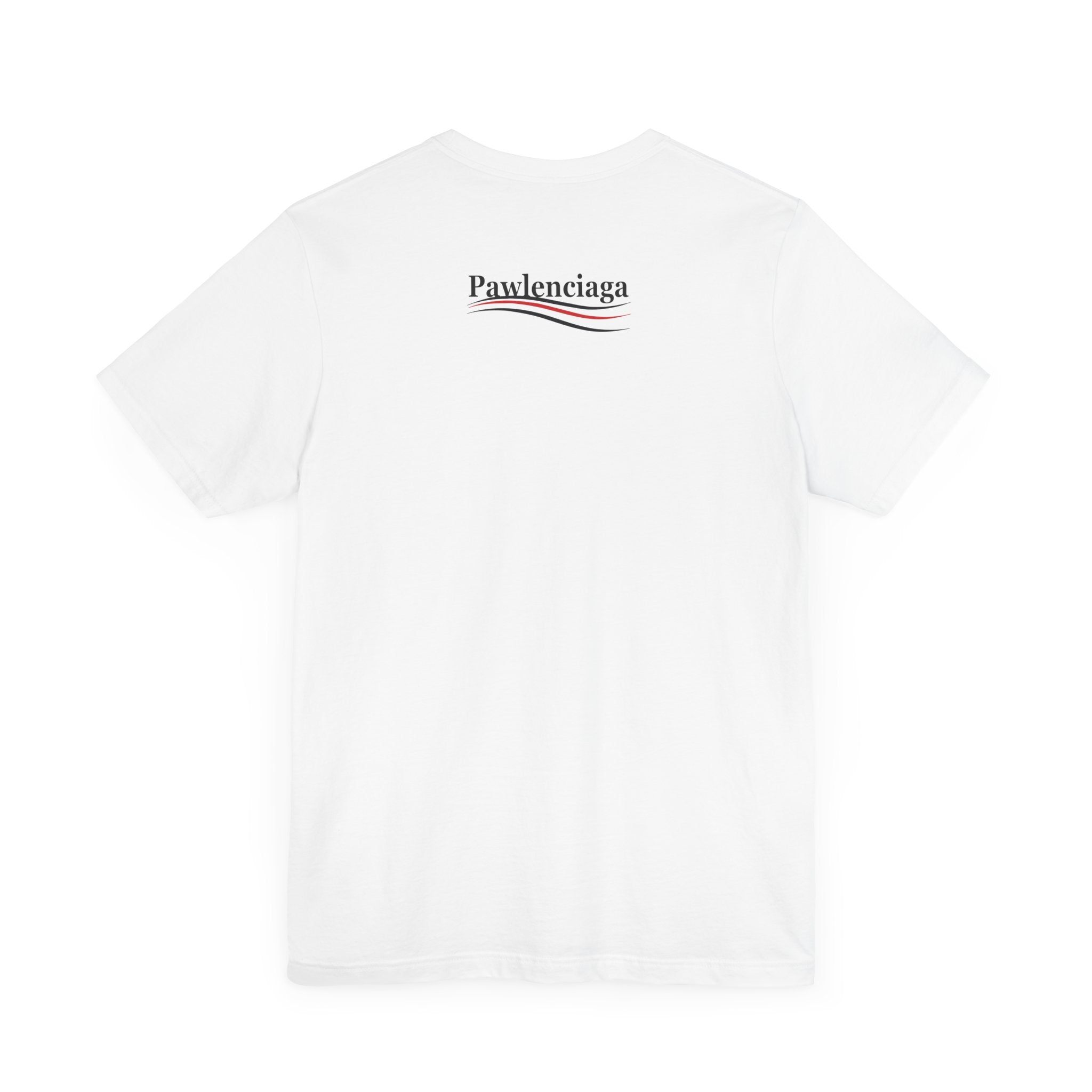 white Pawlenciaga cat tee, flat back, tee shirts with cats on them, back print