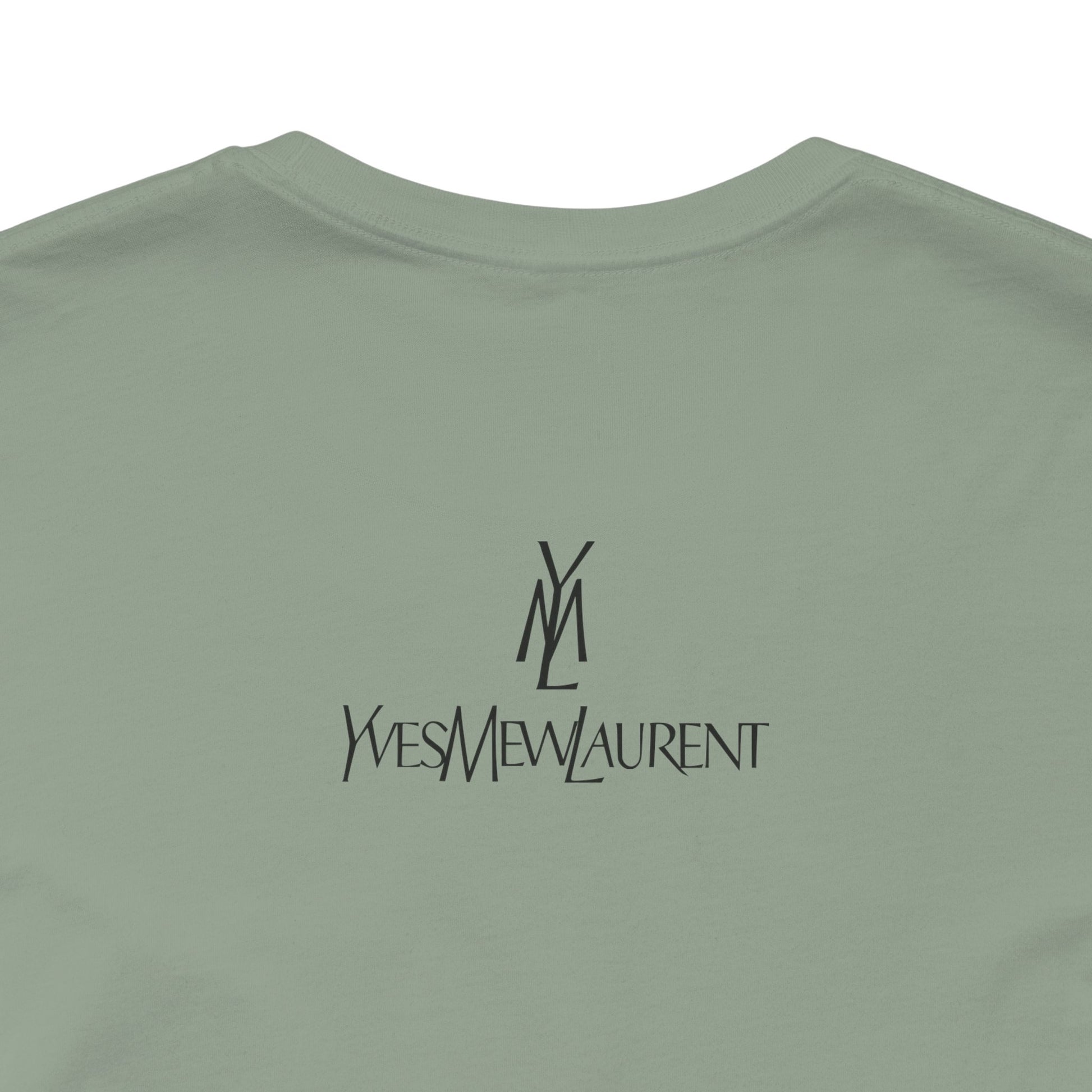 sage green back logo detail, playful design, cotton cat tee