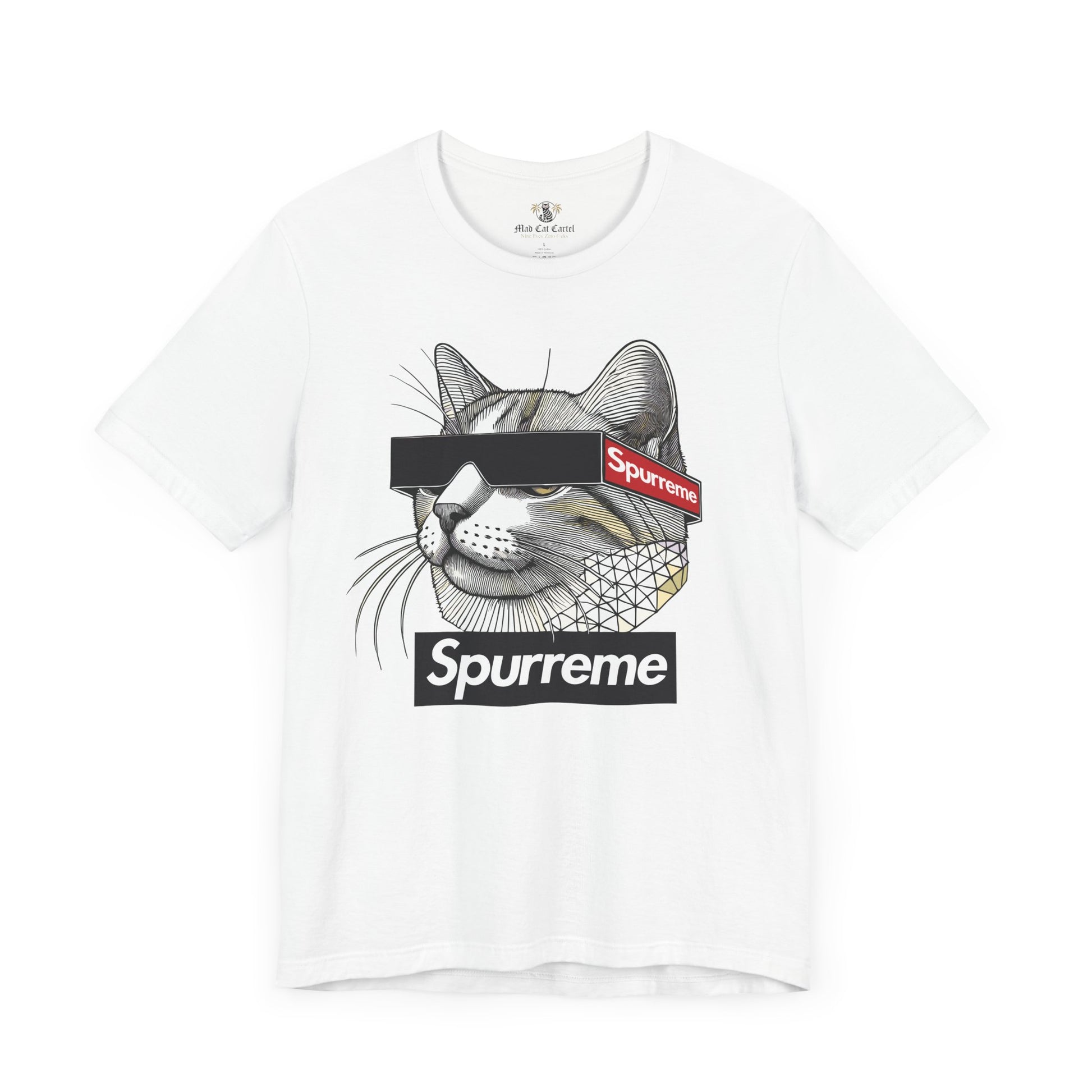 White Spurreme Triangular Vision Cat Graphic T-Shirt front view – ladies cat t shirt