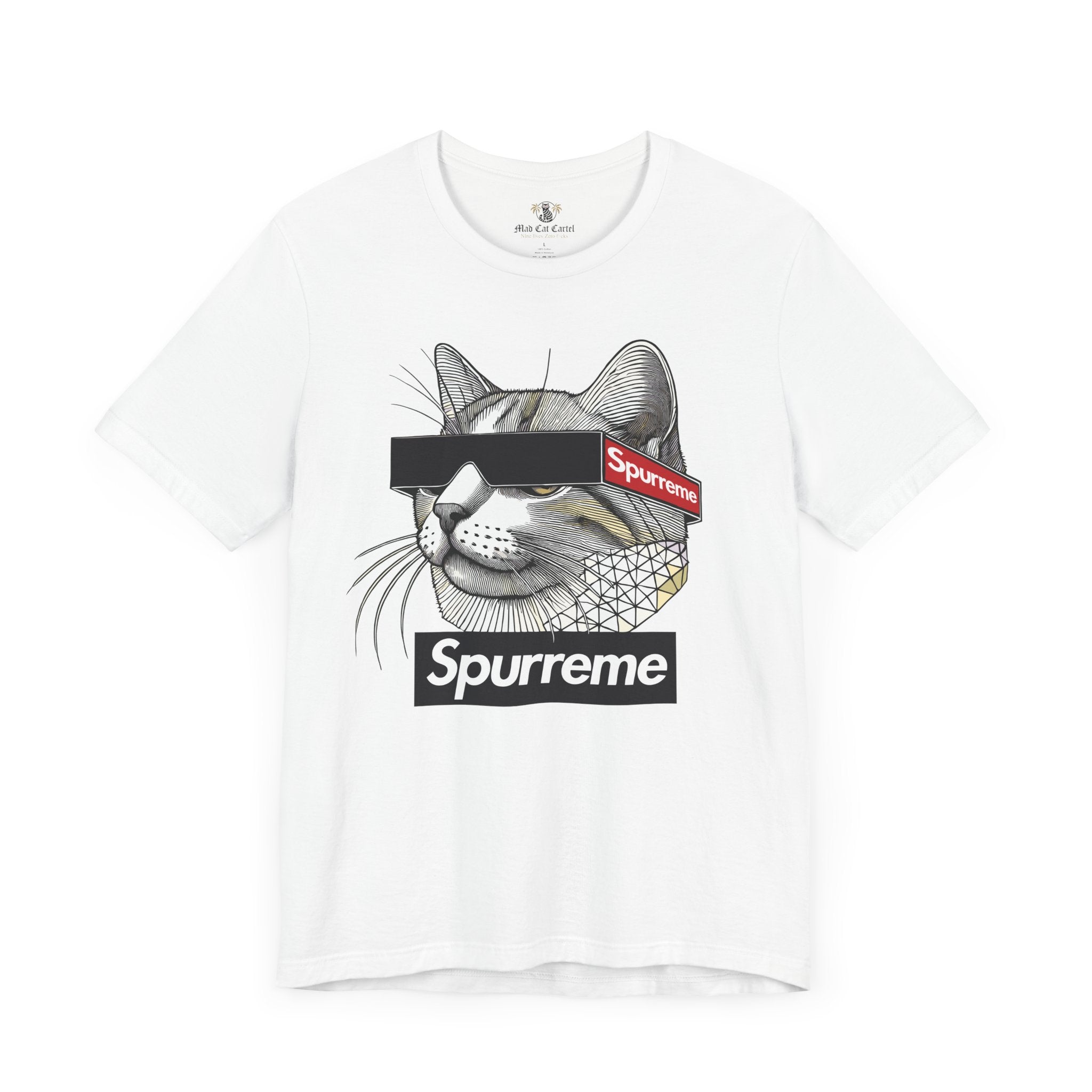 White Spurreme Triangular Vision Cat Graphic T-Shirt front view – ladies cat t shirt