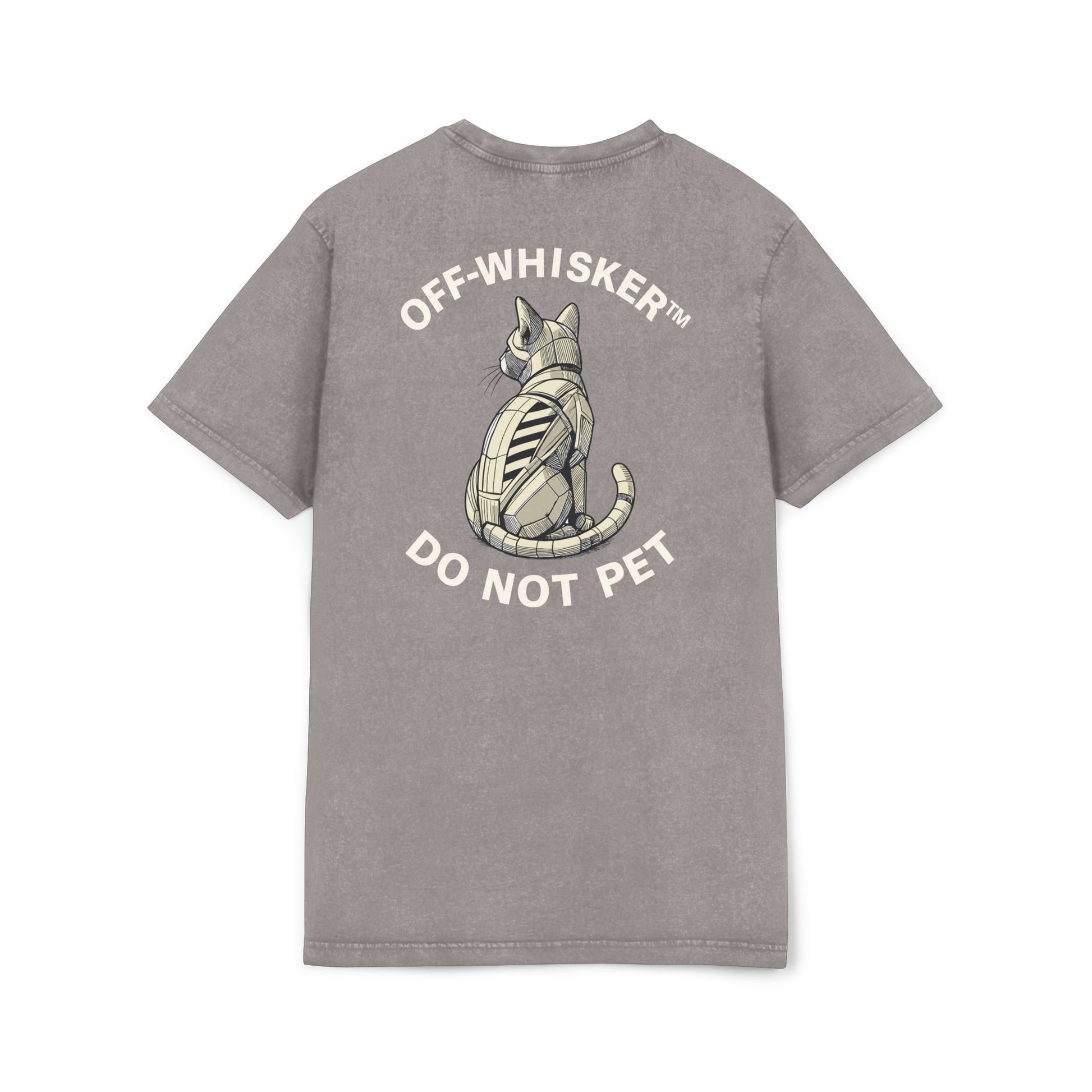 Mechanical Feline Unit Cat Graphic Acid Washed T-Shirt, asphalt gray unisex back view with do not pet design, cool cat themed tee
