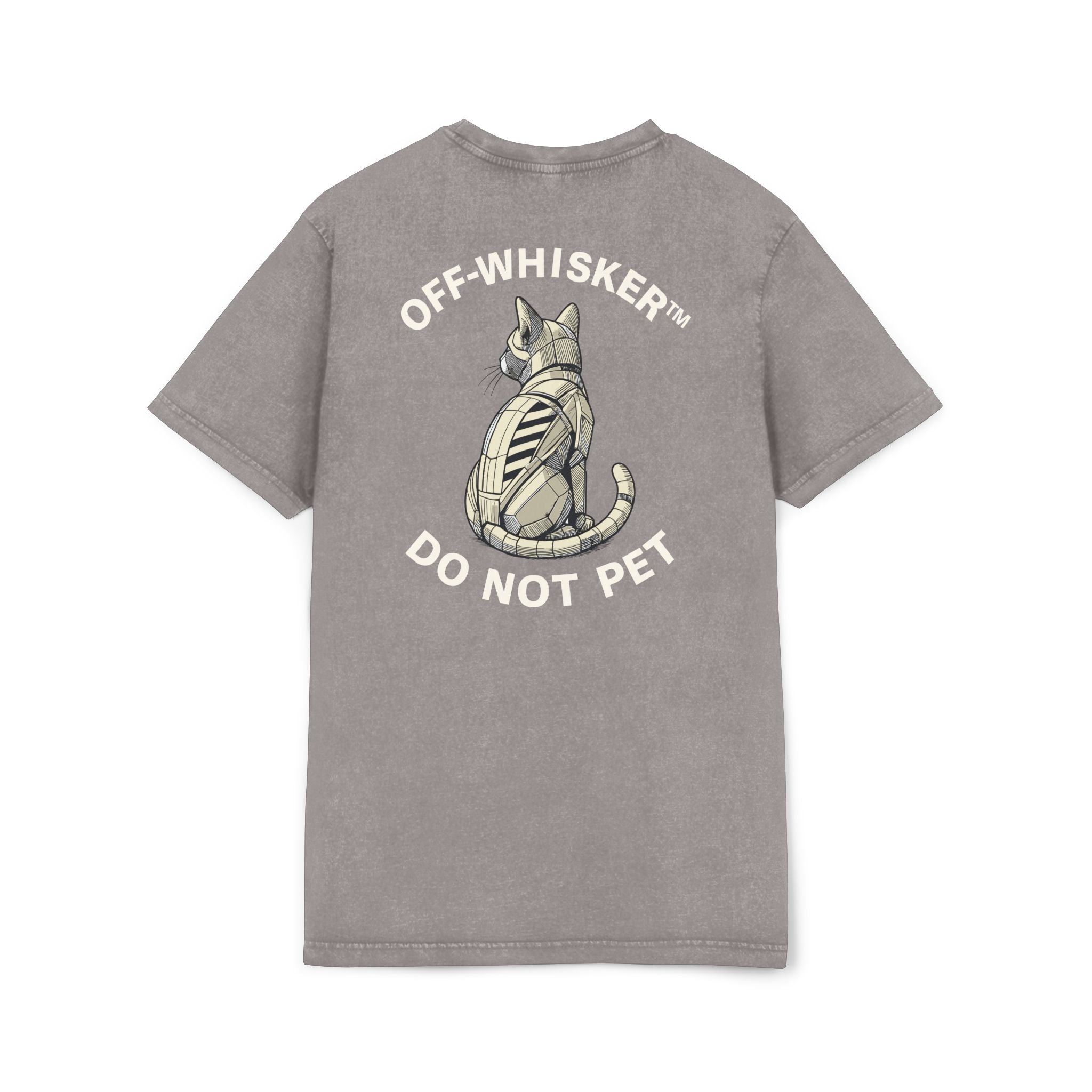 Mechanical Feline Unit Cat Graphic Acid Washed T-Shirt, asphalt gray unisex back view with do not pet design, cool cat themed tee