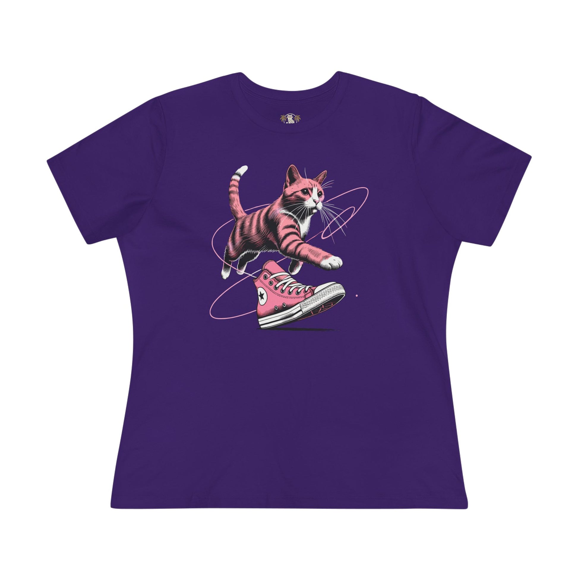 Purple Catverse Apex Kick Cat Graphic Women’s T-Shirt flat lay front view, cat lover t shirt, funny women t shirts