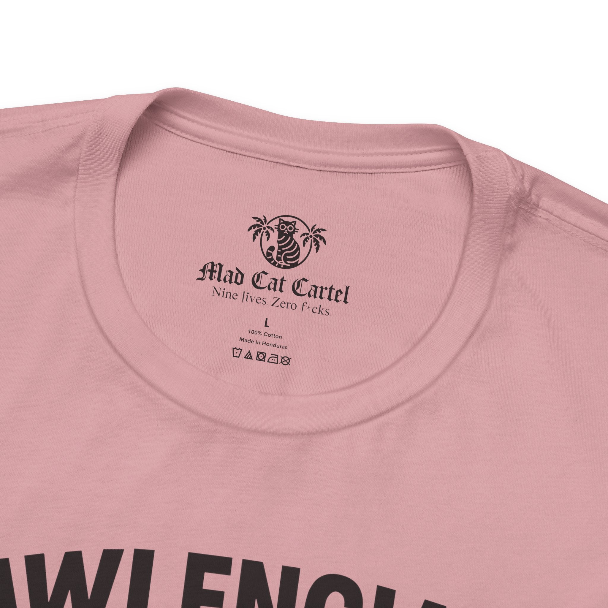 pink Pawlenciaga tee for cat lovers, neck label close up, Mad Cat Cartel branding