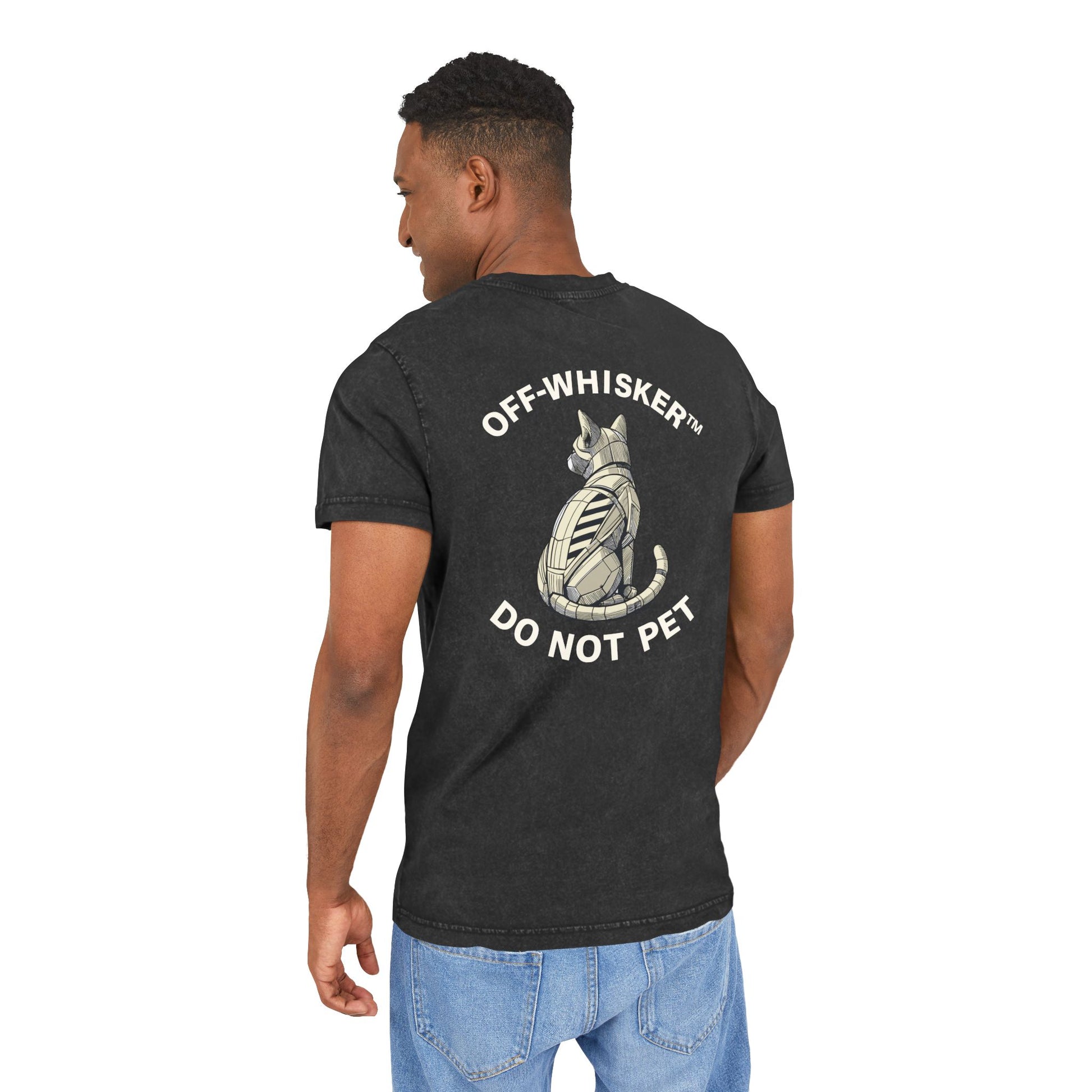 Model back view wearing Off-Whisker Mechanical Feline Unit Cat Graphic Acid Washed T Shirt, black cat lover shirt with do not pet design