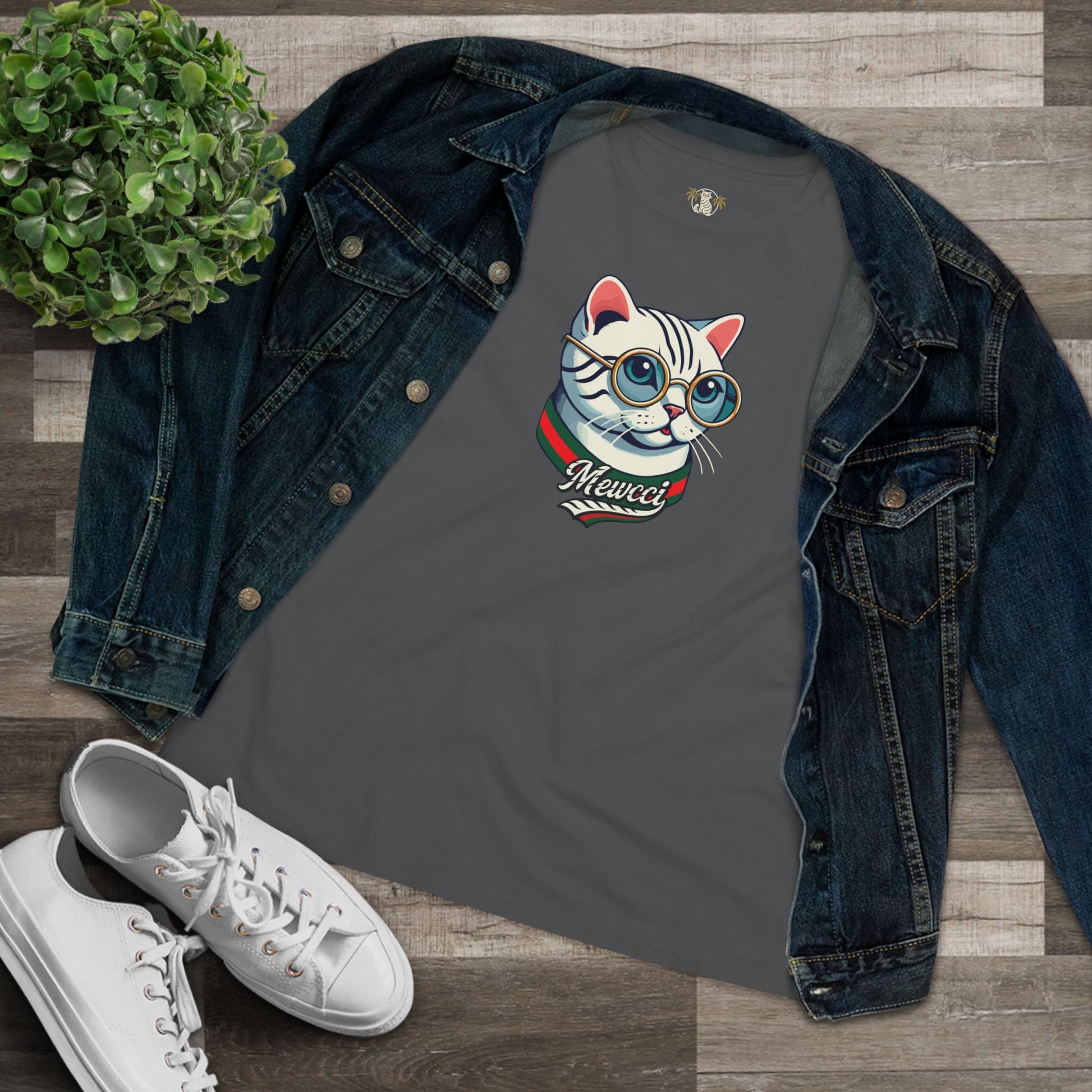 Gray funny cat t shirt with denim jacket womens cut