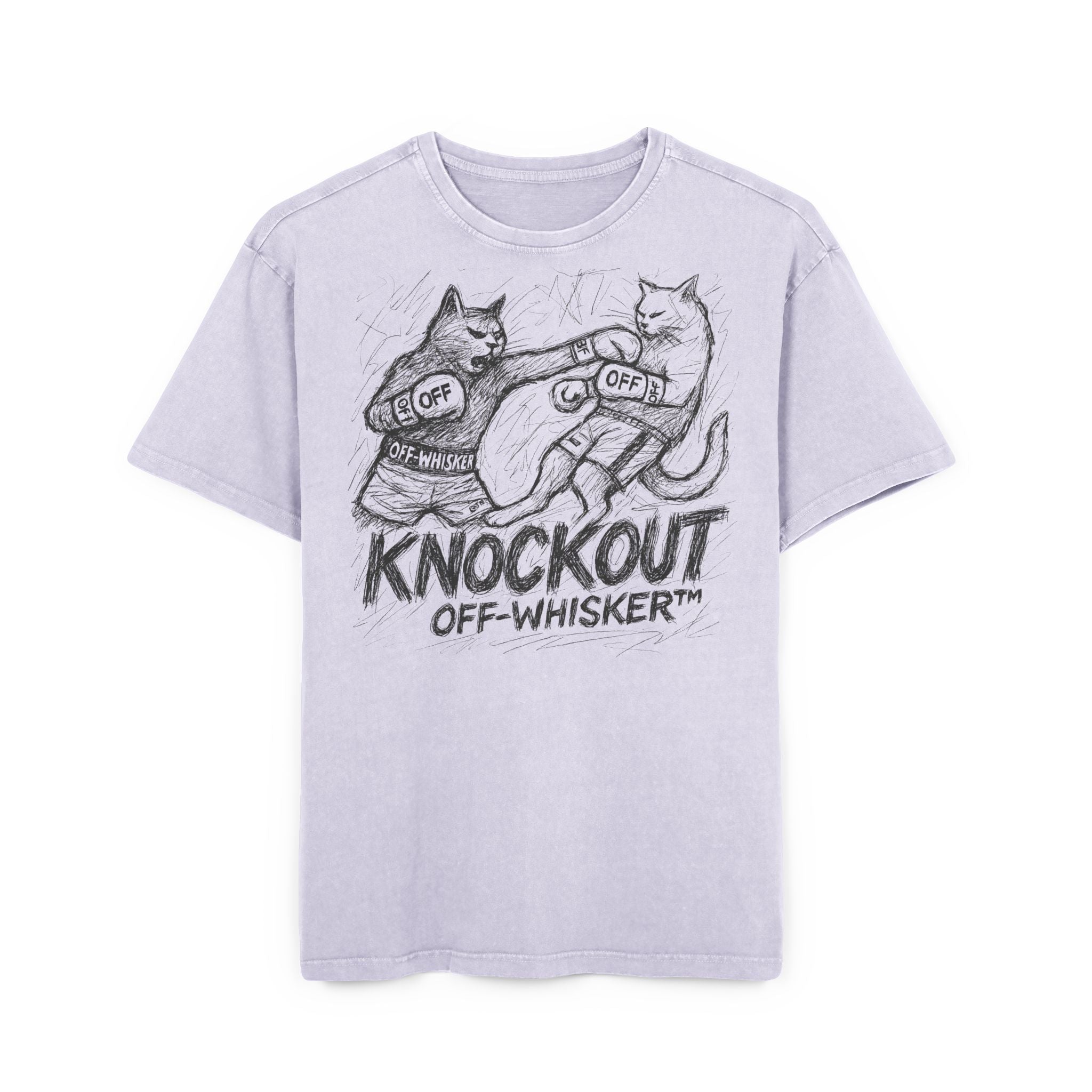 Off-Whisker Cat Knockout Acid Washed Oversized T-Shirt Soft Lilac Purple, oversized cat graphic t shirt front