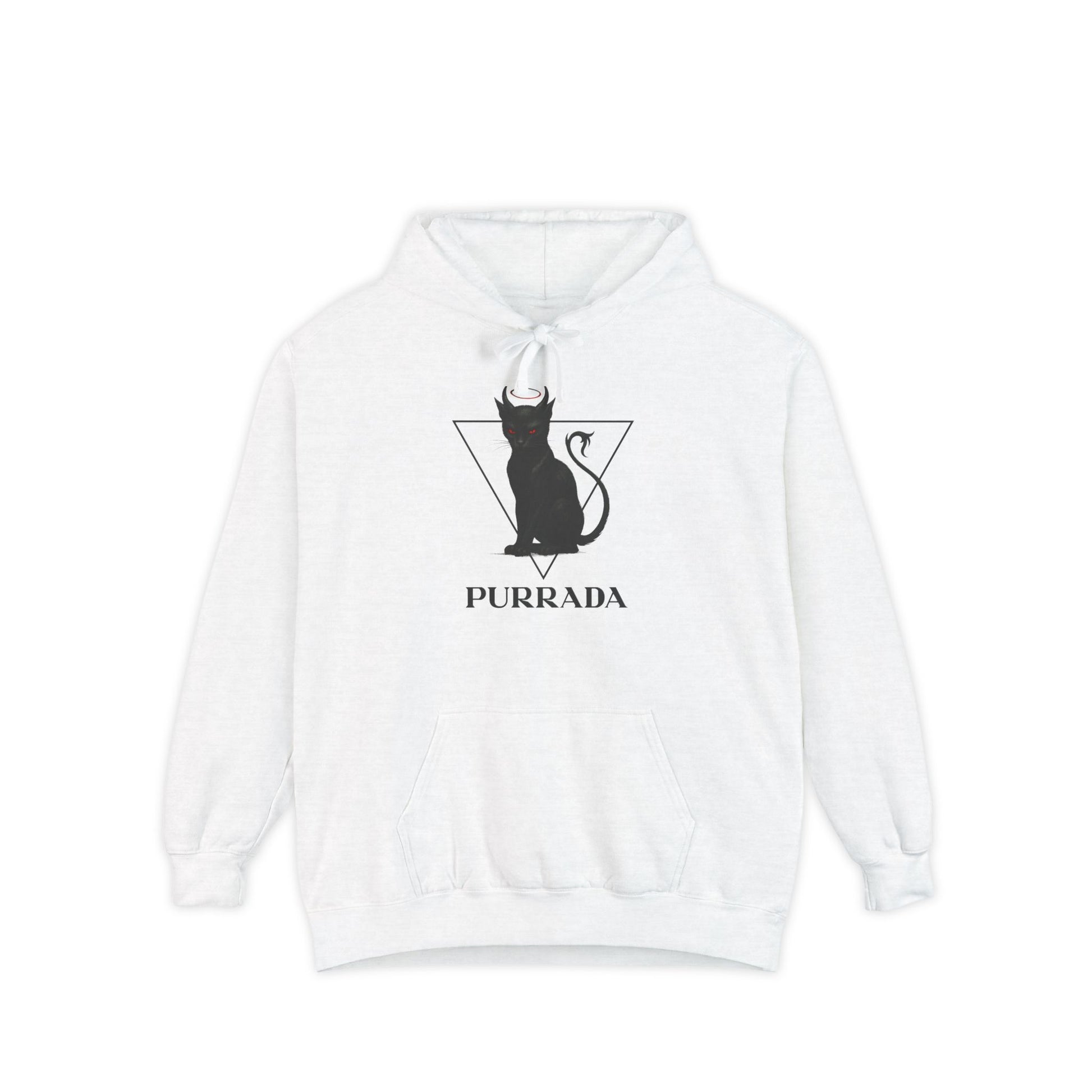 Purrada Cat Graphic White Hoodie flat lay, gifts for cat lovers