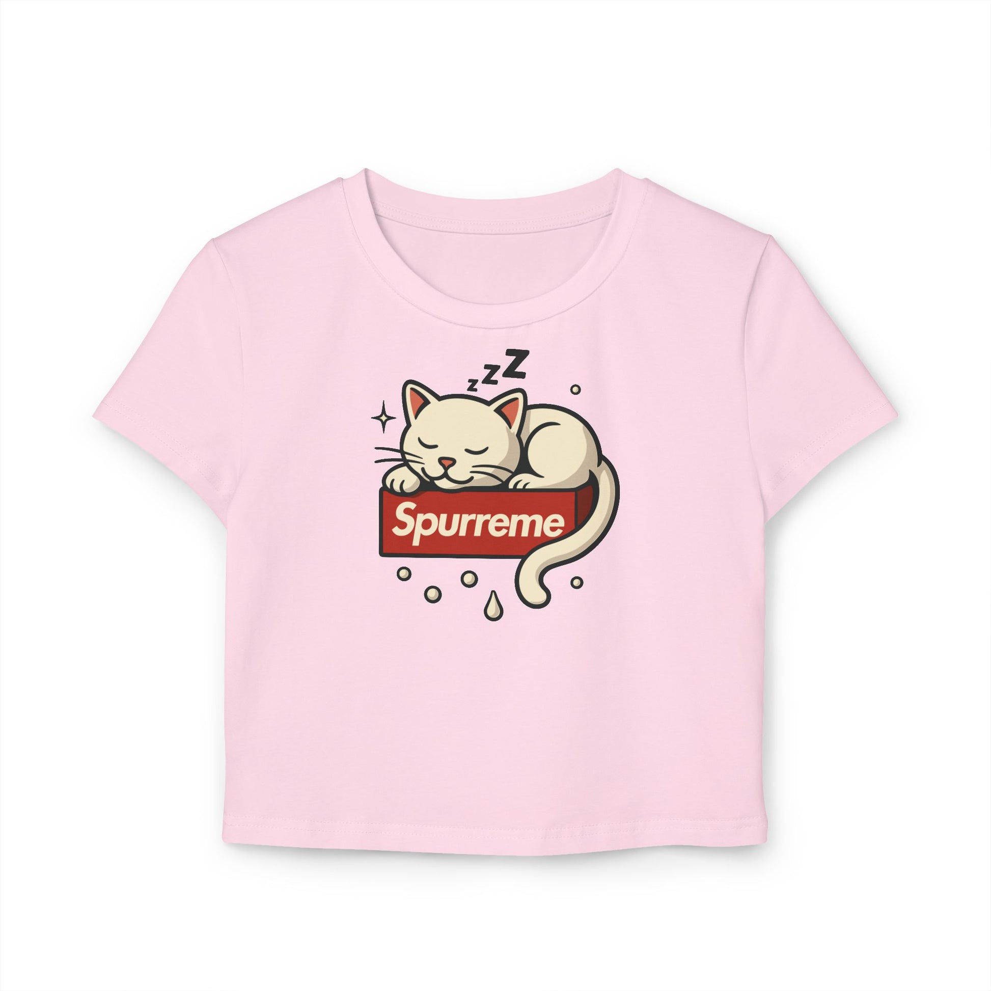 light pink baby tee with Spurreme cat design, pink baby tee for cat lovers
