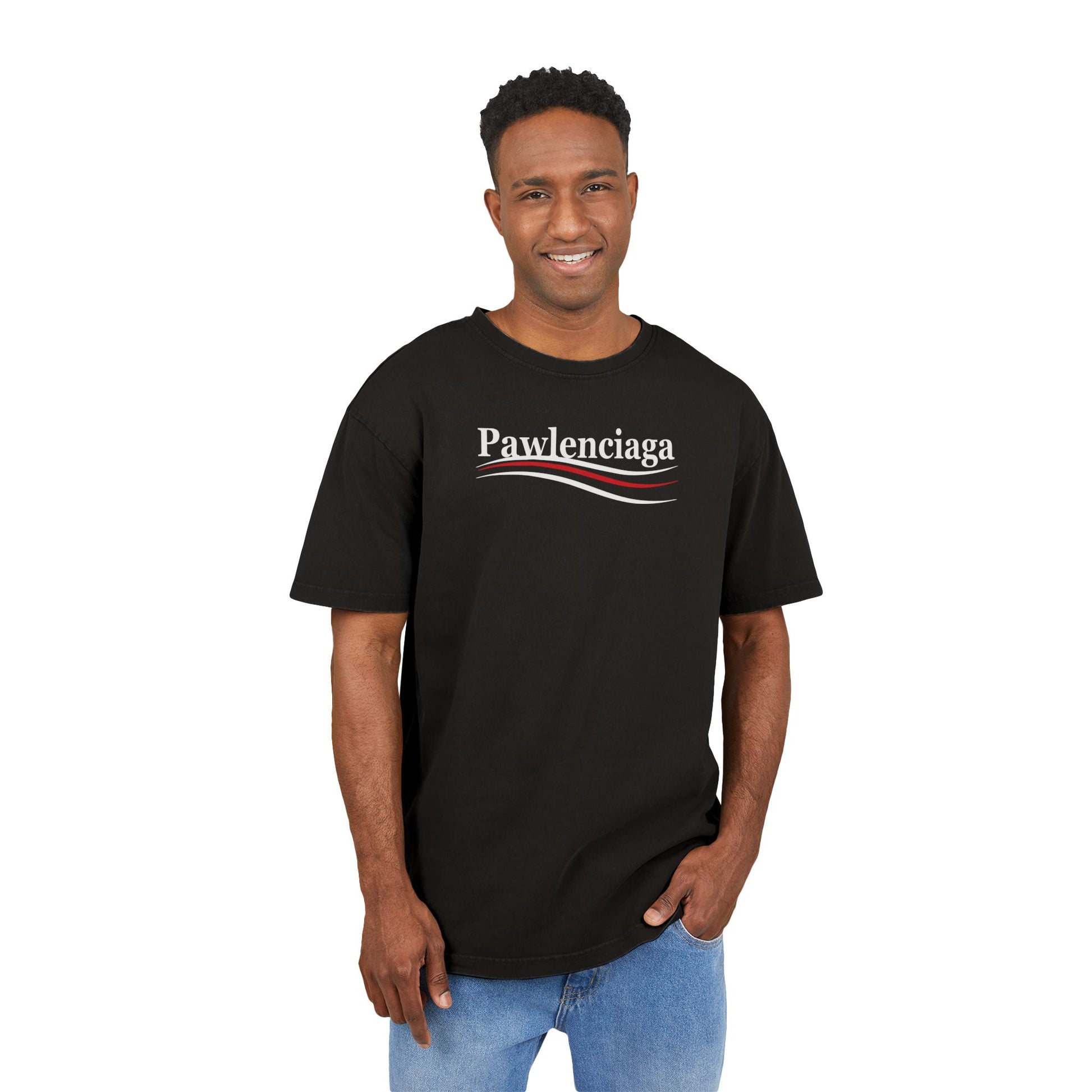 Male model wearing Pawlenciaga logo acid washed men's oversized t shirt parody shirts funny mens t shirts oversized graphic t shirt unique gifts for cat lovers black front view