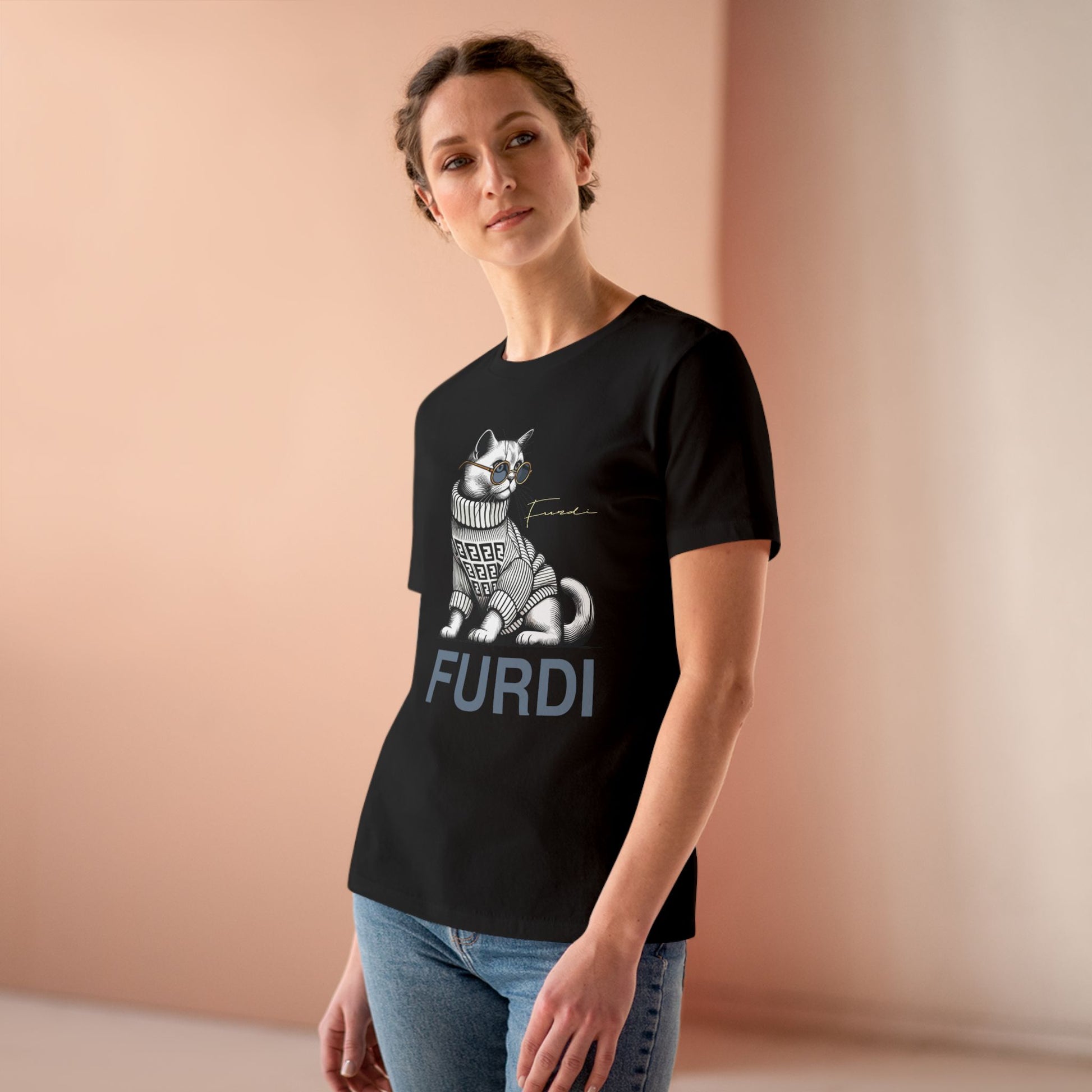 Model wearing Furdi black cat tee women’s t shirt styled indoors