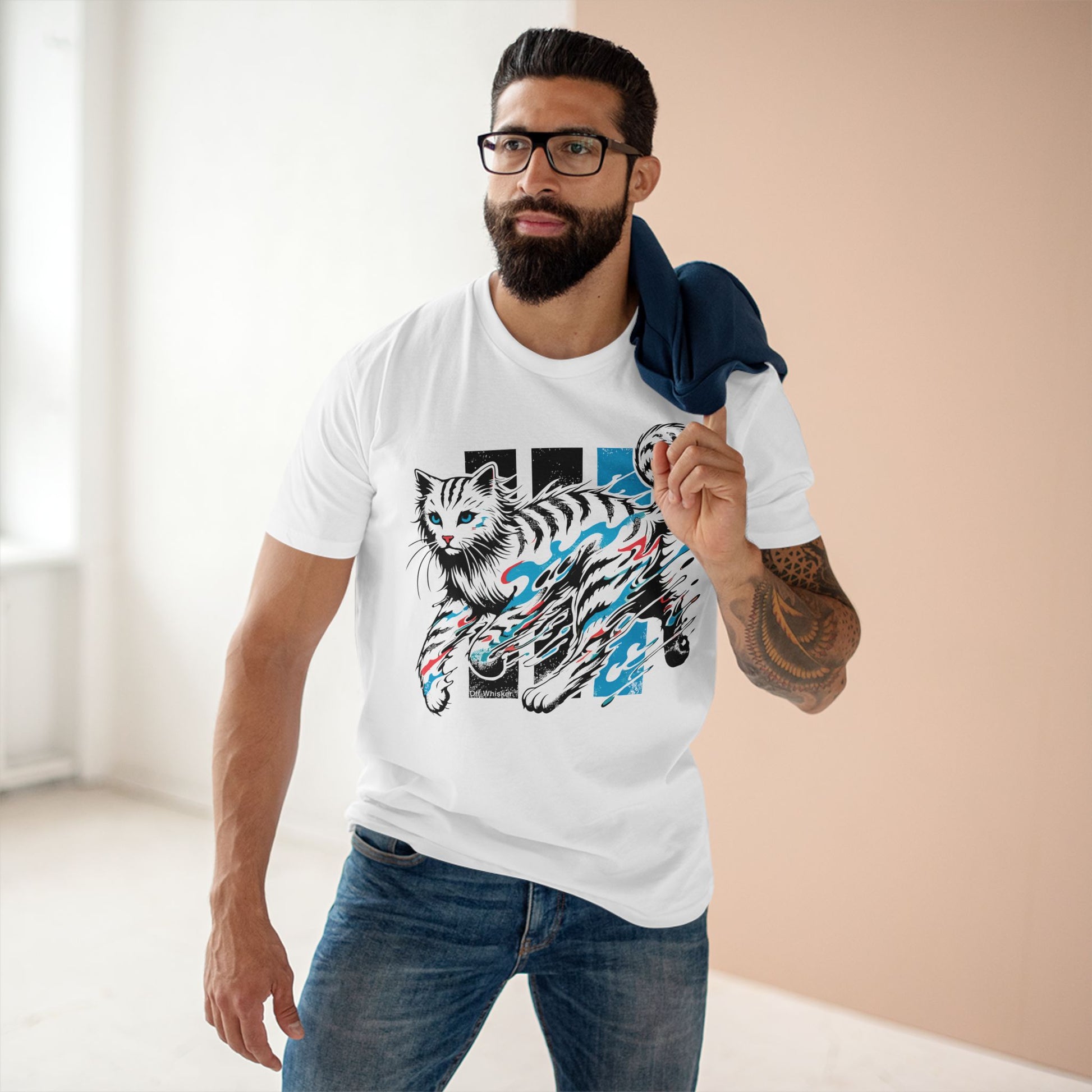 Model wearing Off-Whisker Yokai Flame Cat Graphic White T-Shirt, white cat themed tee for men