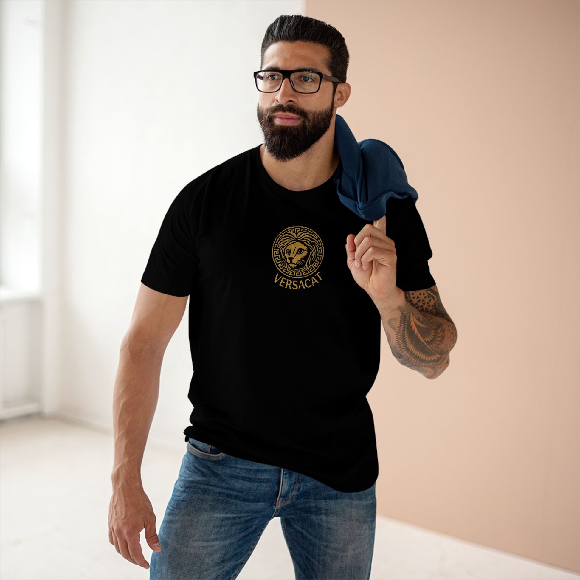 model wearing Versacat black t shirt, casual cotton fit, cat themed apparel for men
