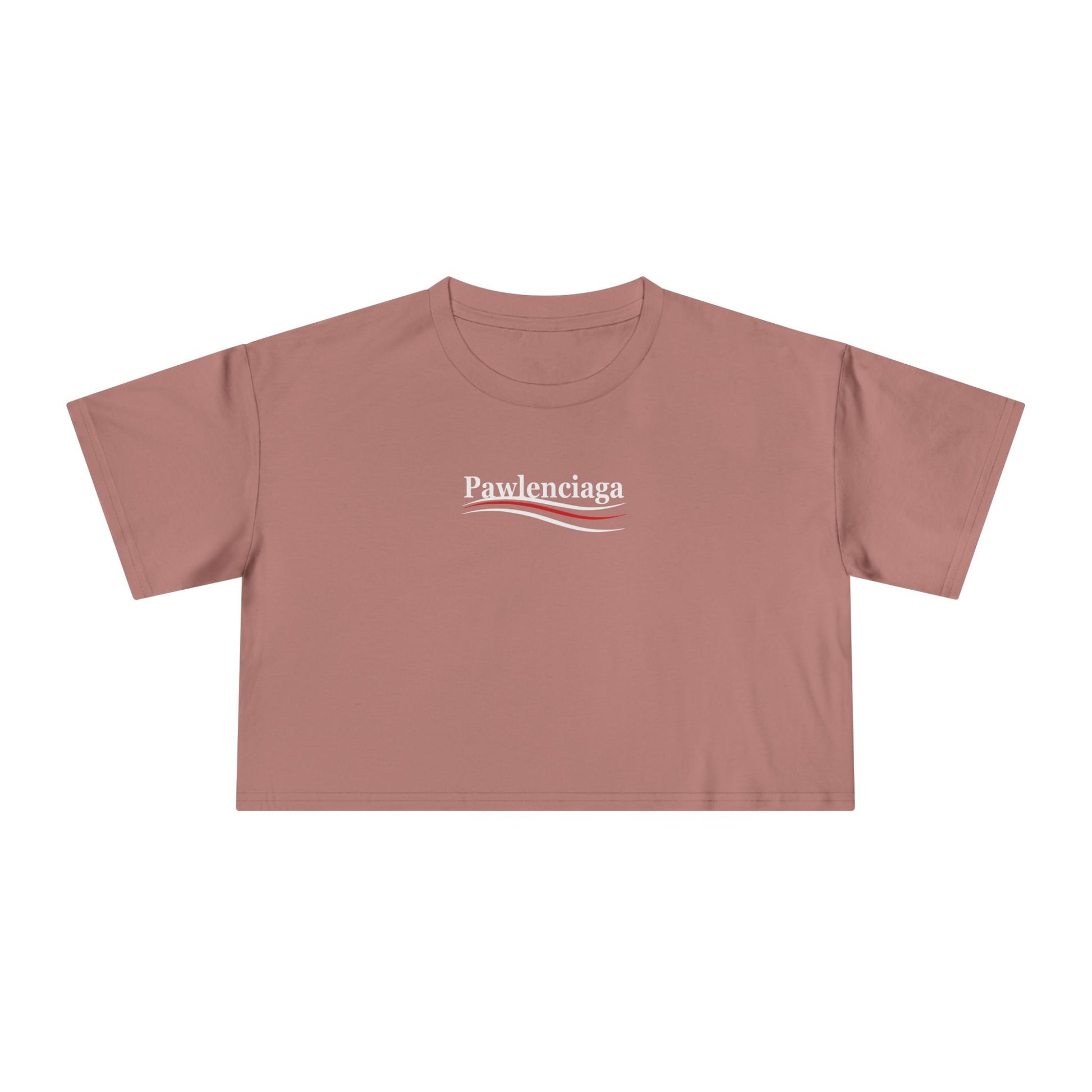 hazy pink Pawlenciaga logo crop top, front product view, womens cat tee shirt style