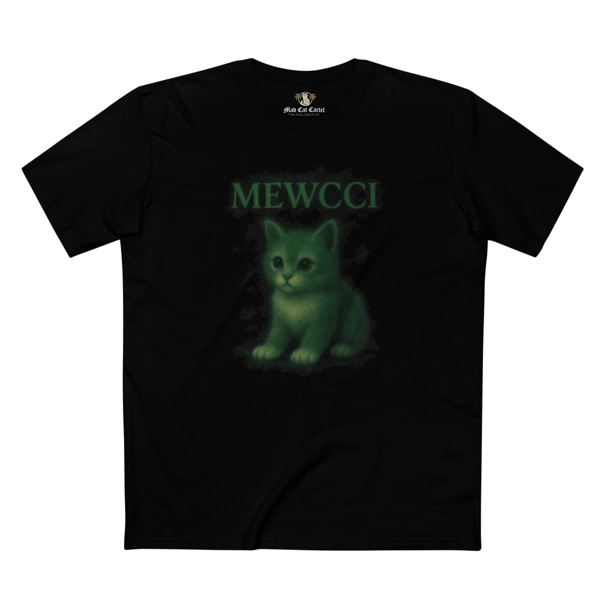 Mewcci Green Aura Kitty Cat Graphic Black T Shirt, black tee for cat lovers front view
