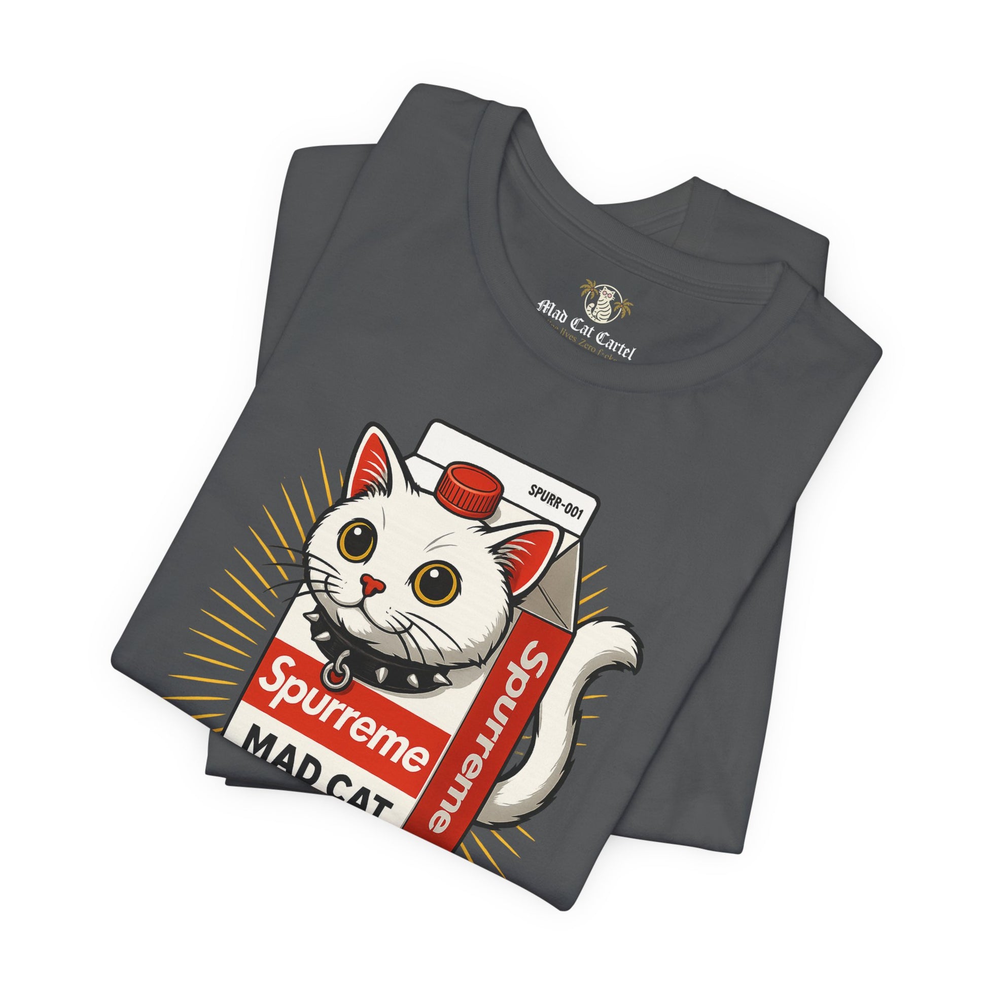 Folded asphalt Spurreme Mad Cat Organic Milk t shirt front view – funny adult shirts