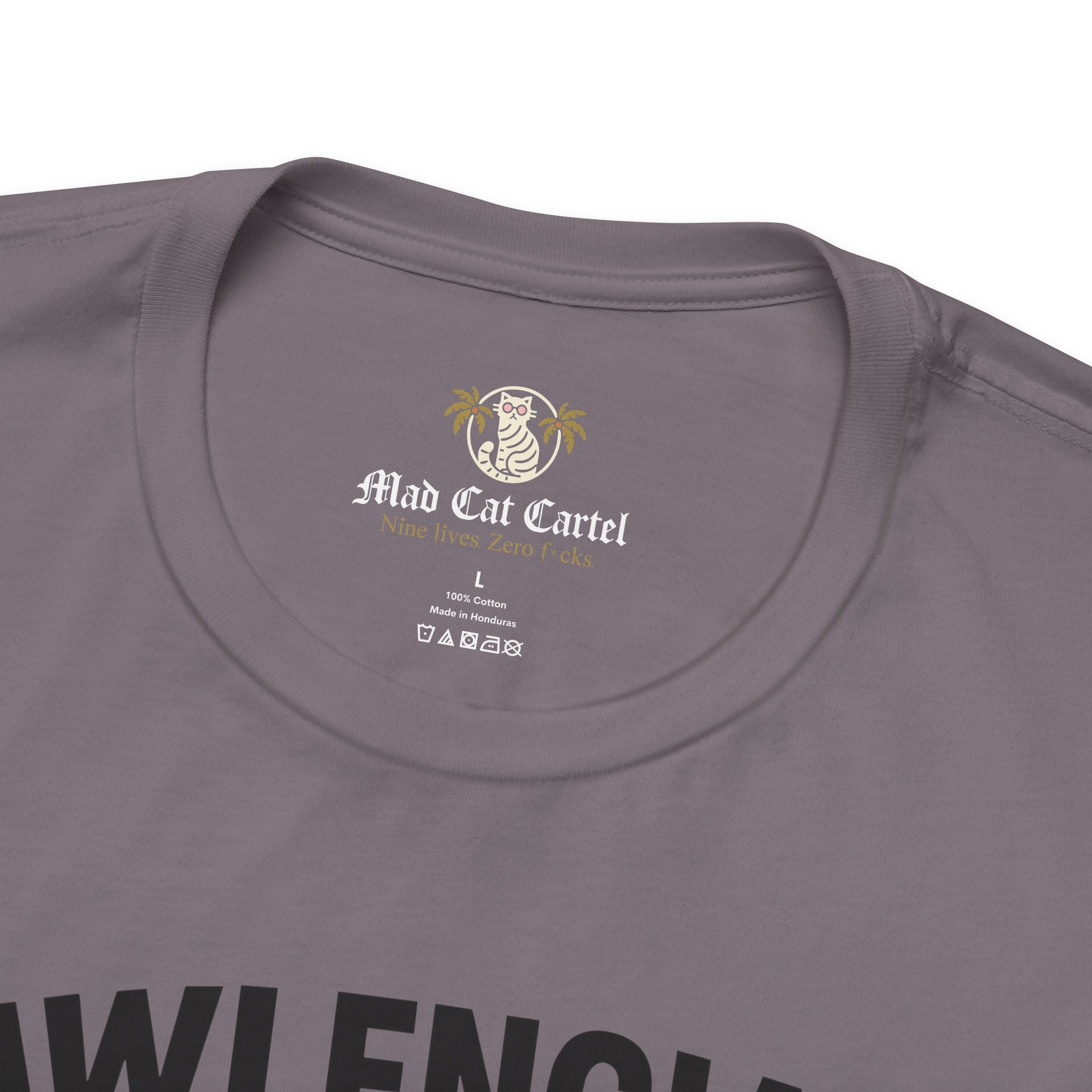 storm gray Pawlenciaga cat t shirt, neck label view, Mad Cat Cartel branding