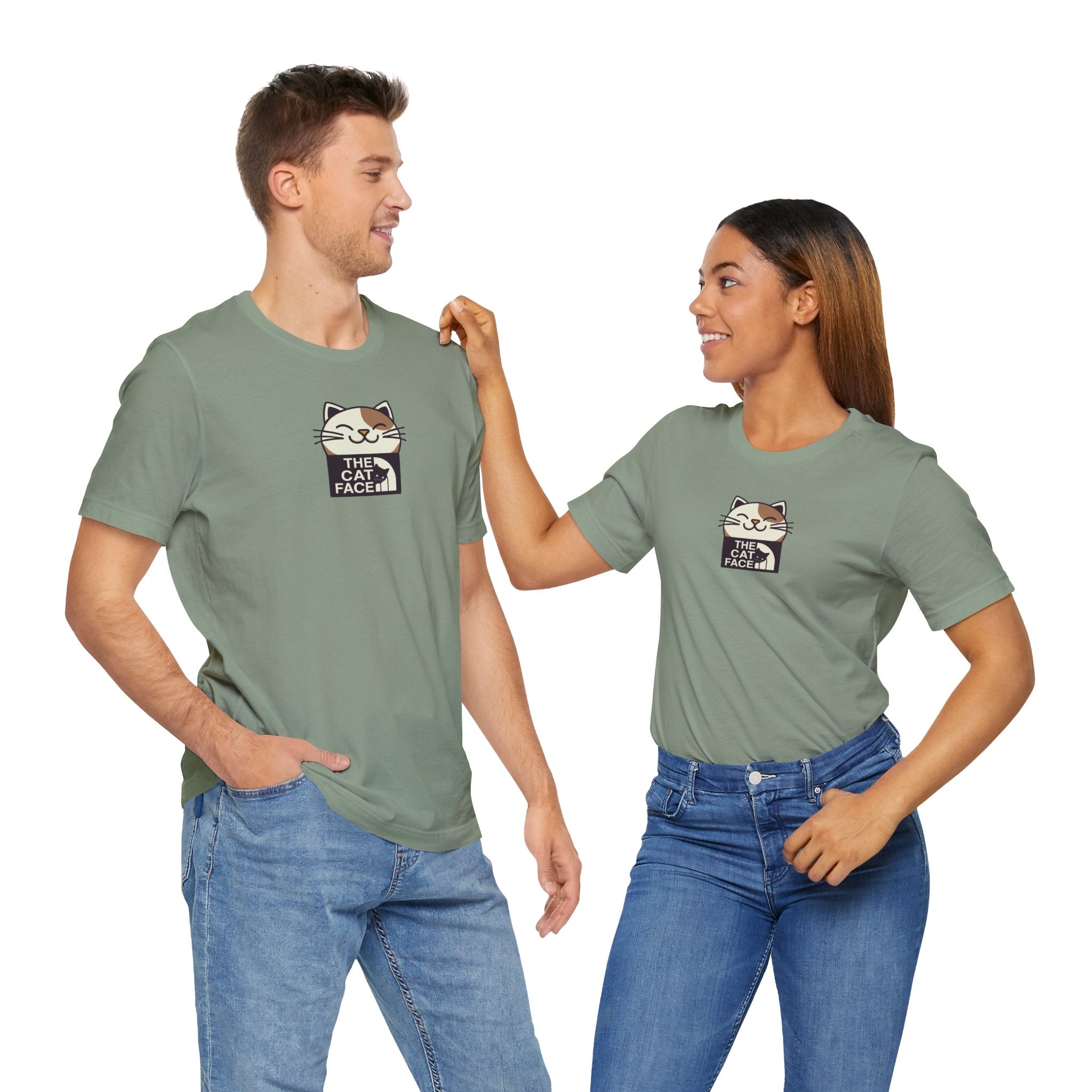 Cat print tee shirts sage male female couple wearing