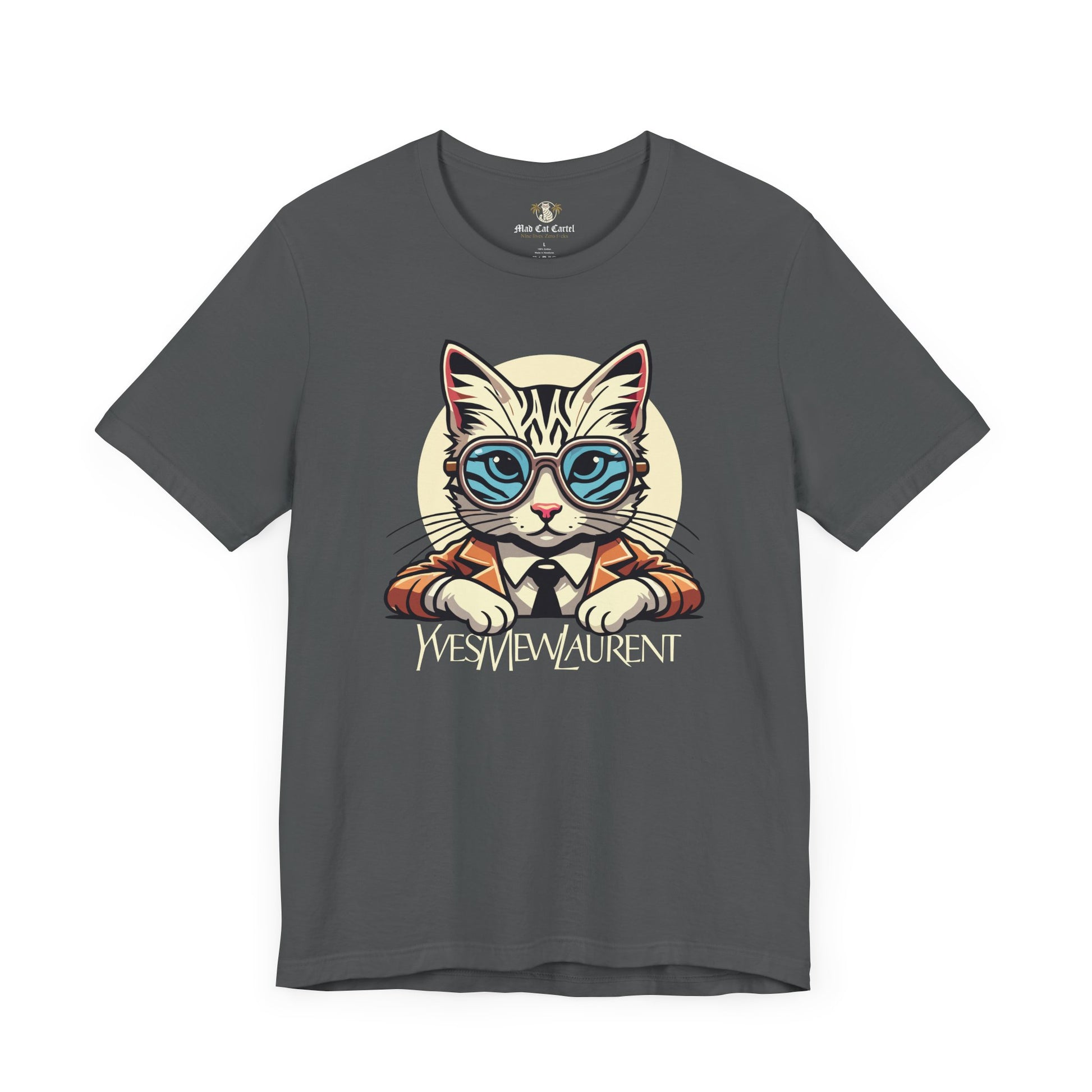 Asphalt Yves Mew Laurent Cat Boss Tiger Pattern Graphic T-Shirt flat lay front