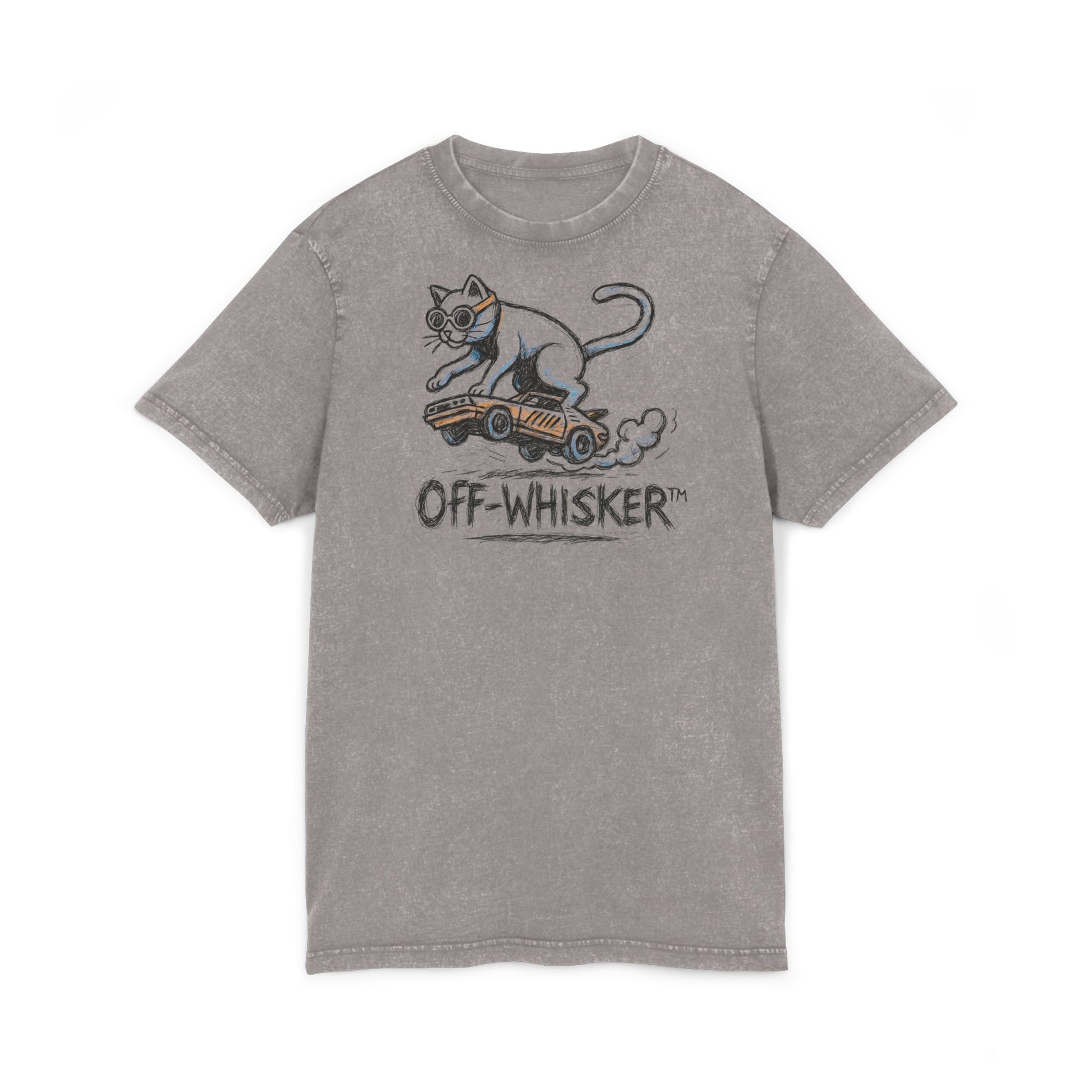 Off-Whisker Drift Cat Sketch Acid Washed T Shirt Asphalt Gray, clothes with cats on them front view