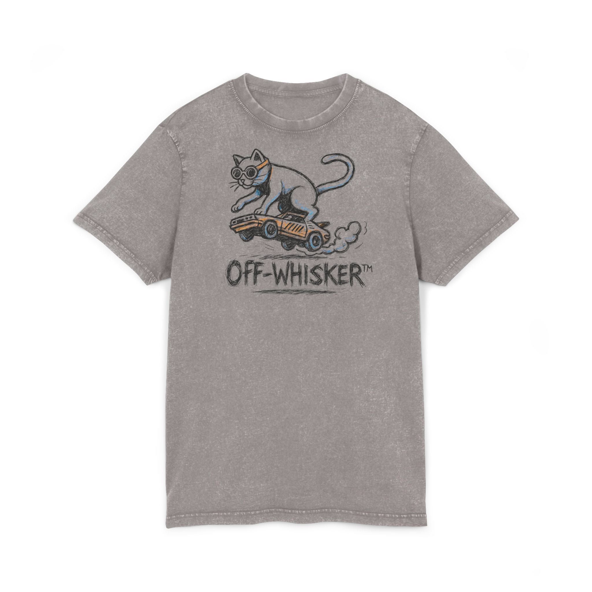 Off-Whisker Drift Cat Sketch Acid Washed T Shirt Asphalt Gray, clothes with cats on them front view