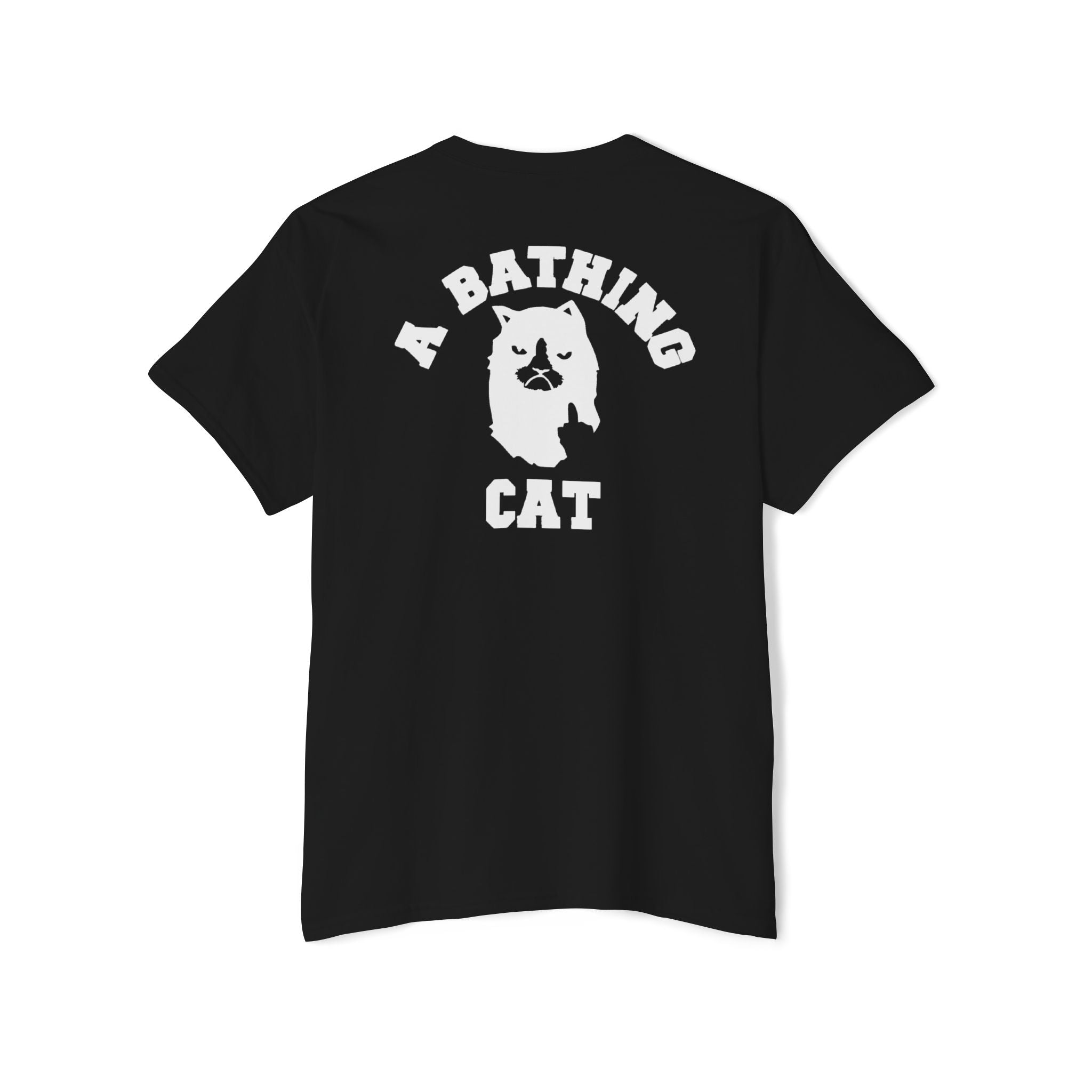 Black A Bathing Cat Mini Logo Pocket Graphic T-Shirt flat back with large back text cat pocket tee shirt