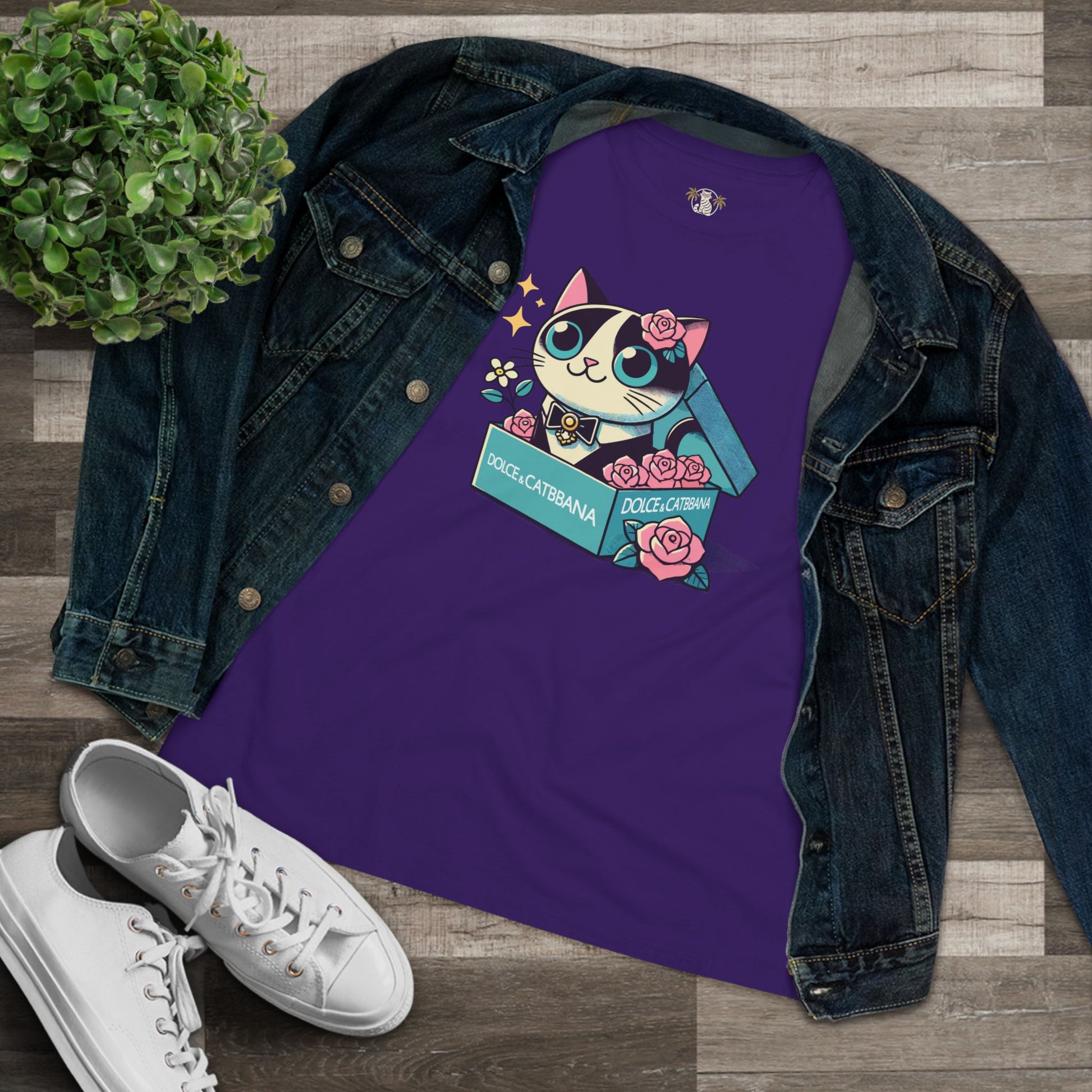 Team purple Dolce & Catbana Rose Box cat themed clothing flat lay styled with denim