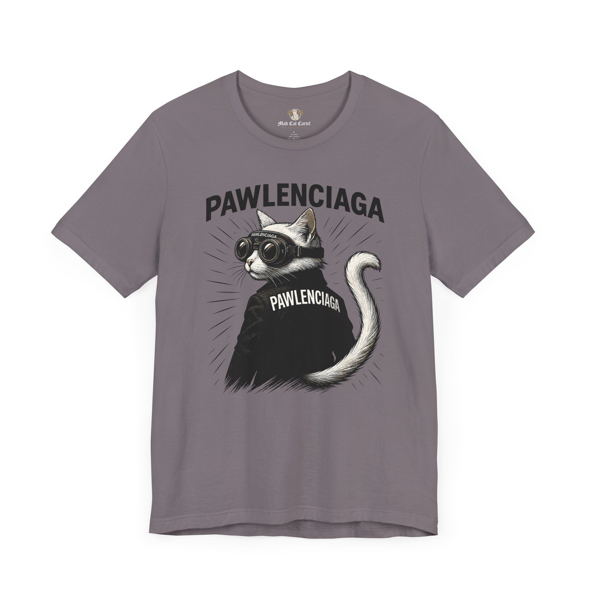 Storm gray Pawlenciaga Cat With Goggles Back Pose Graphic T-Shirt, gray, cat t-shirts, flat front studio