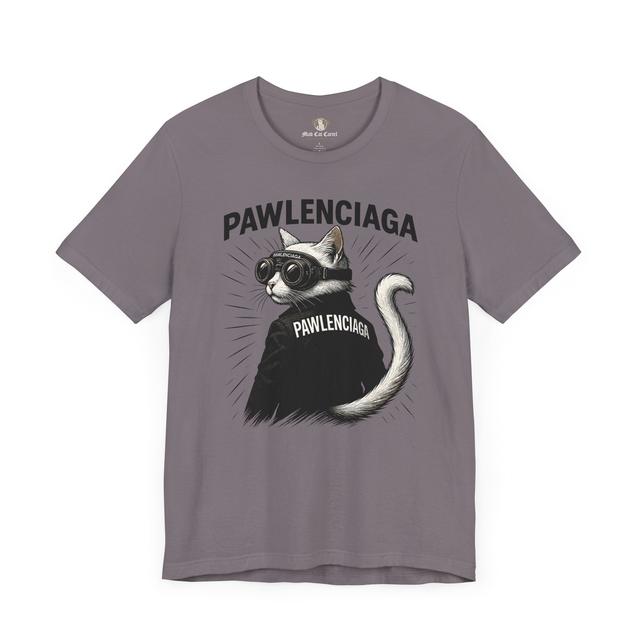 Storm gray Pawlenciaga Cat With Goggles Back Pose Graphic T-Shirt, gray, cat t-shirts, flat front studio