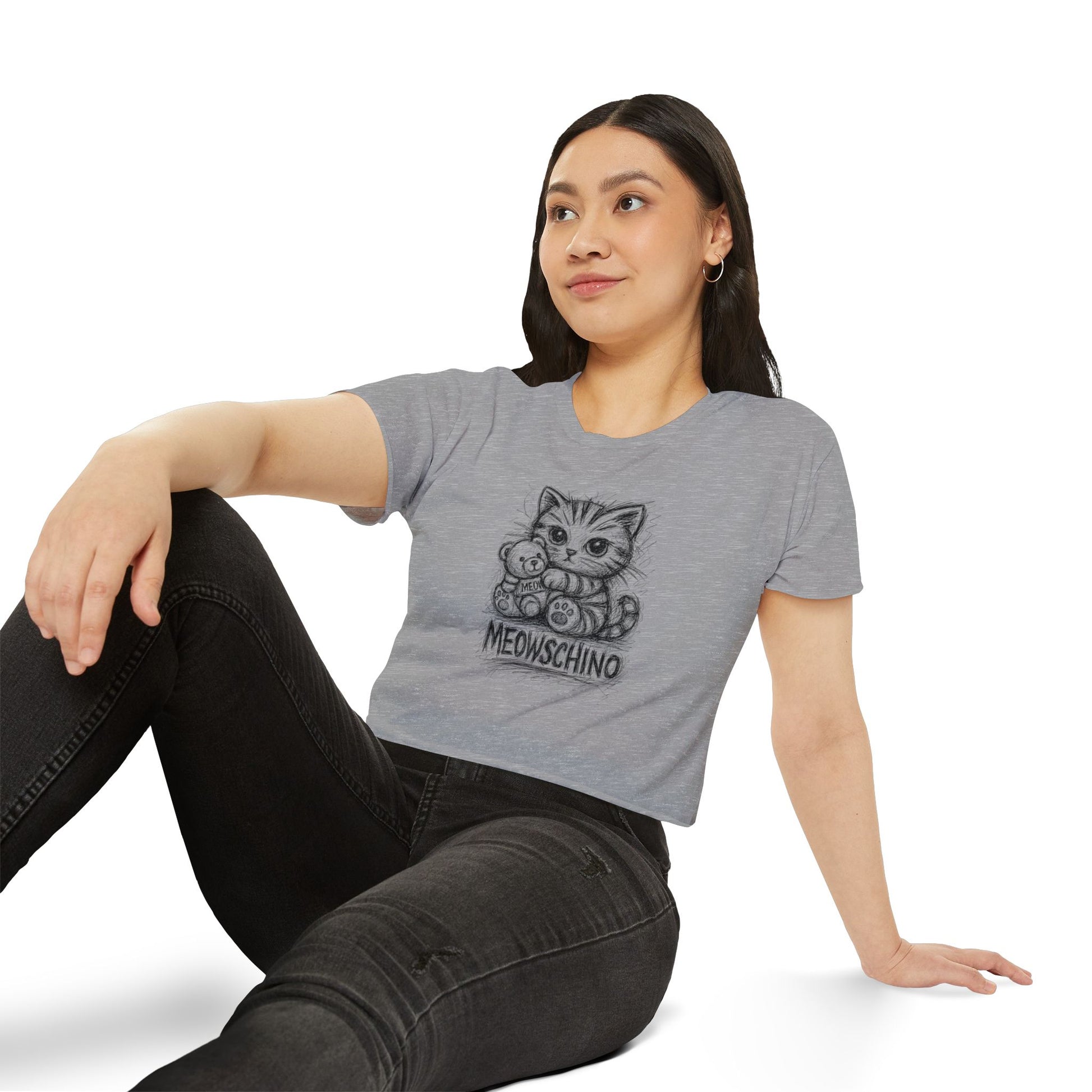 Women's grey festival crop top modeled sitting pose, cat themed clothing