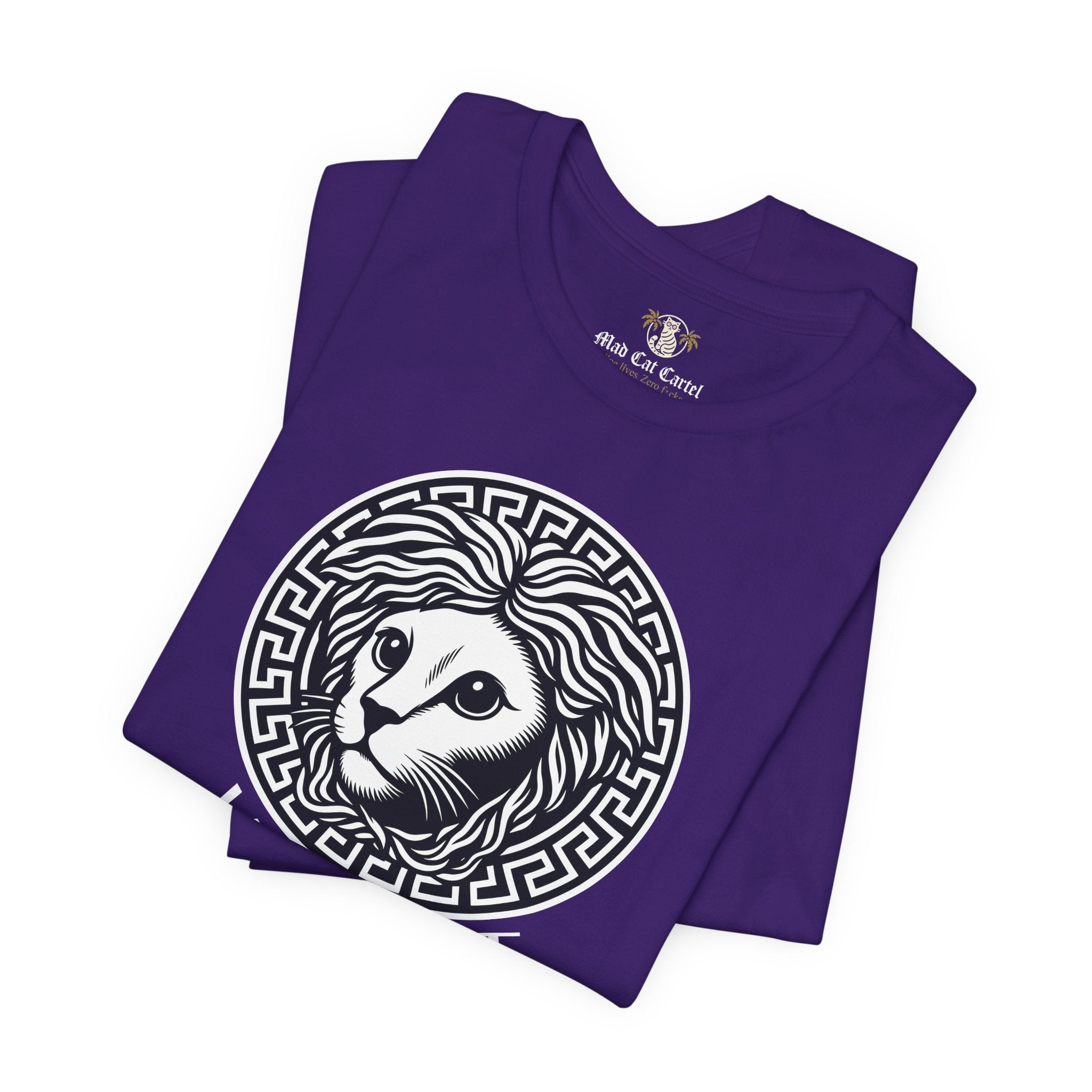 Folded team purple Versacat Medusa cat emblem t shirt