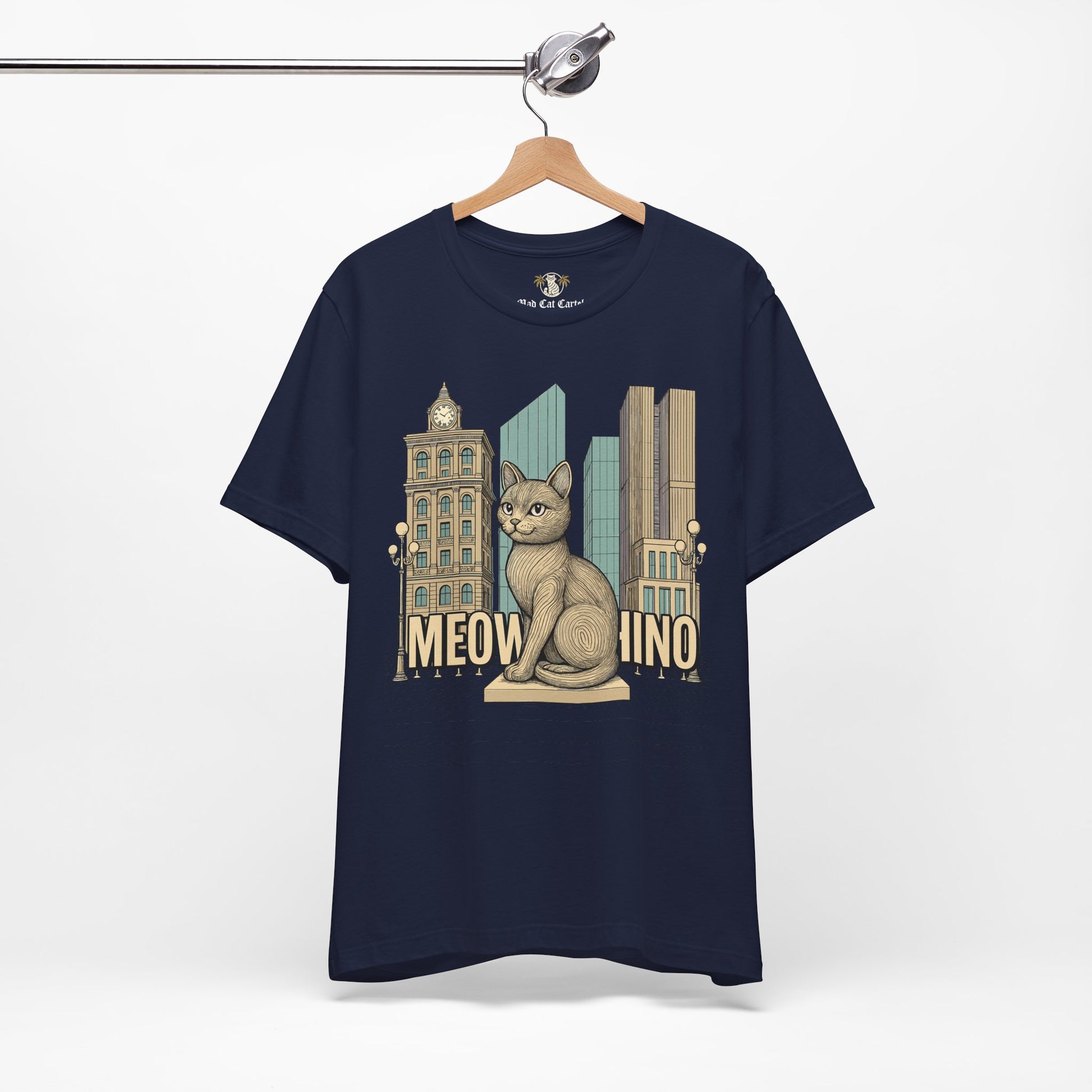 Gifts for cat lovers – navy blue unisex tee on hanger, front view, Meowschino city cat statue graphic
