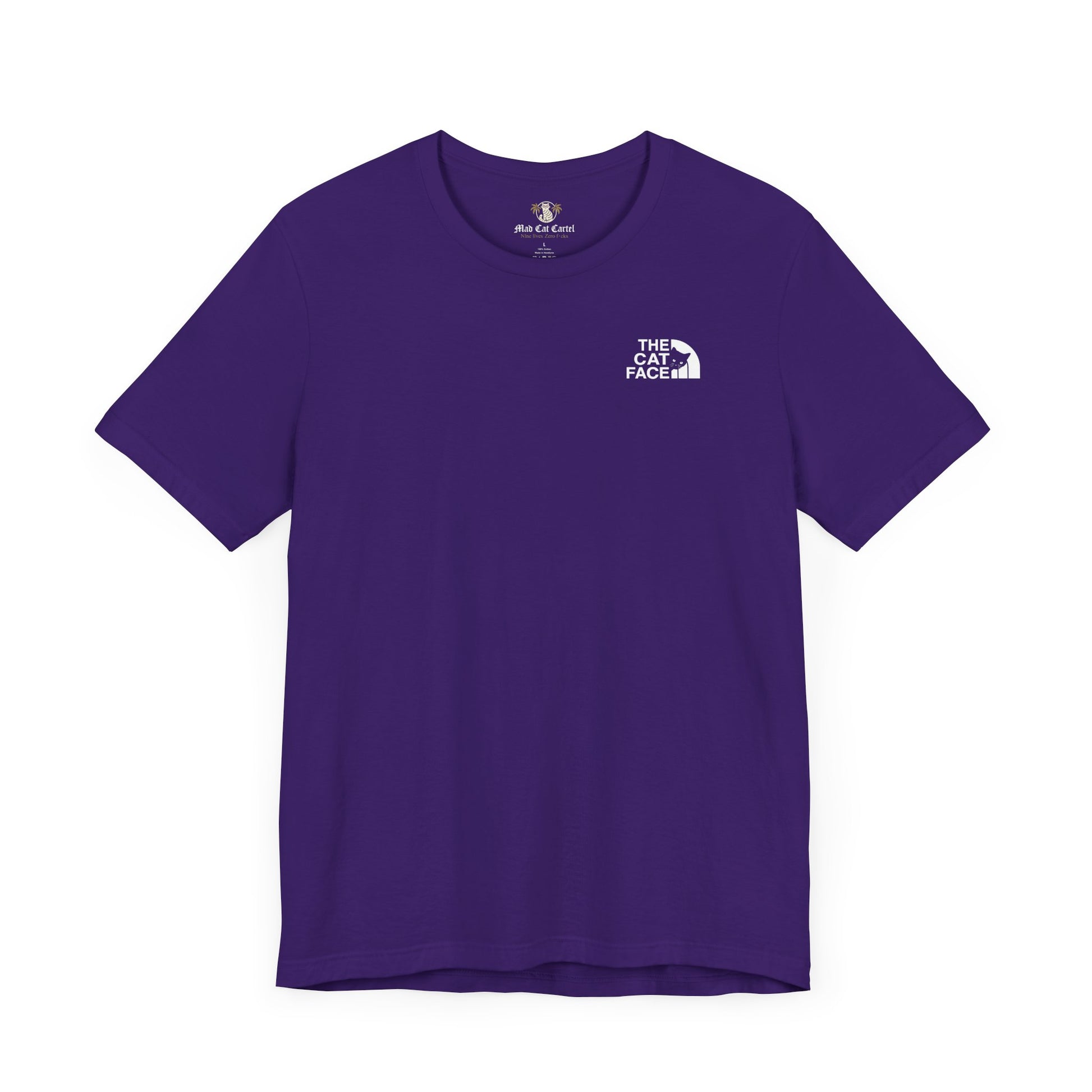 The Cat Face Classic Mini Chest Logo T-Shirt Team Purple – mens cat tee flat lay folded
