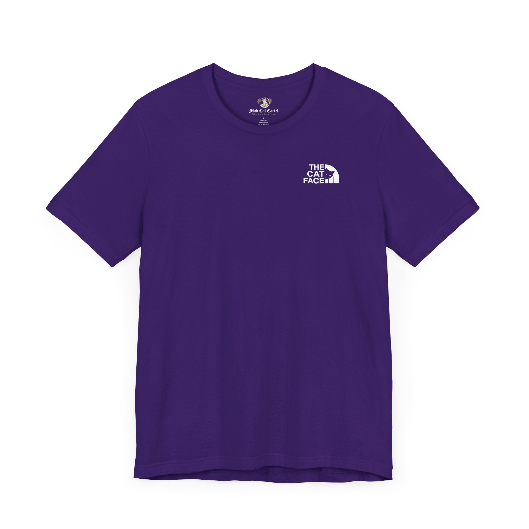 The Cat Face Classic Mini Chest Logo T-Shirt Team Purple – mens cat tee flat lay folded