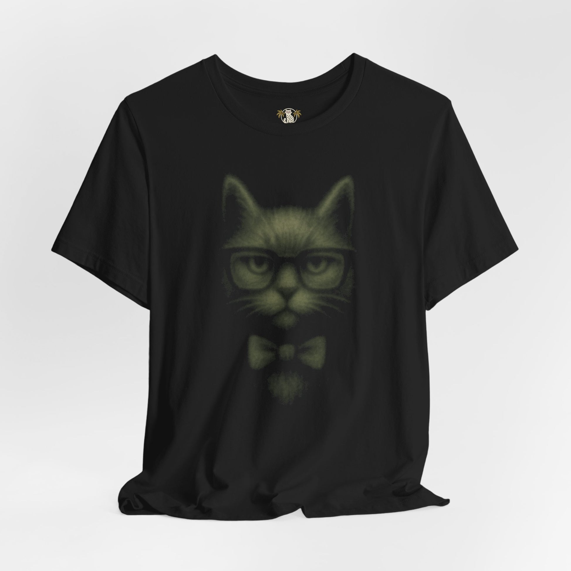 front view of women's black graphic cat t shirt cat on a shirt