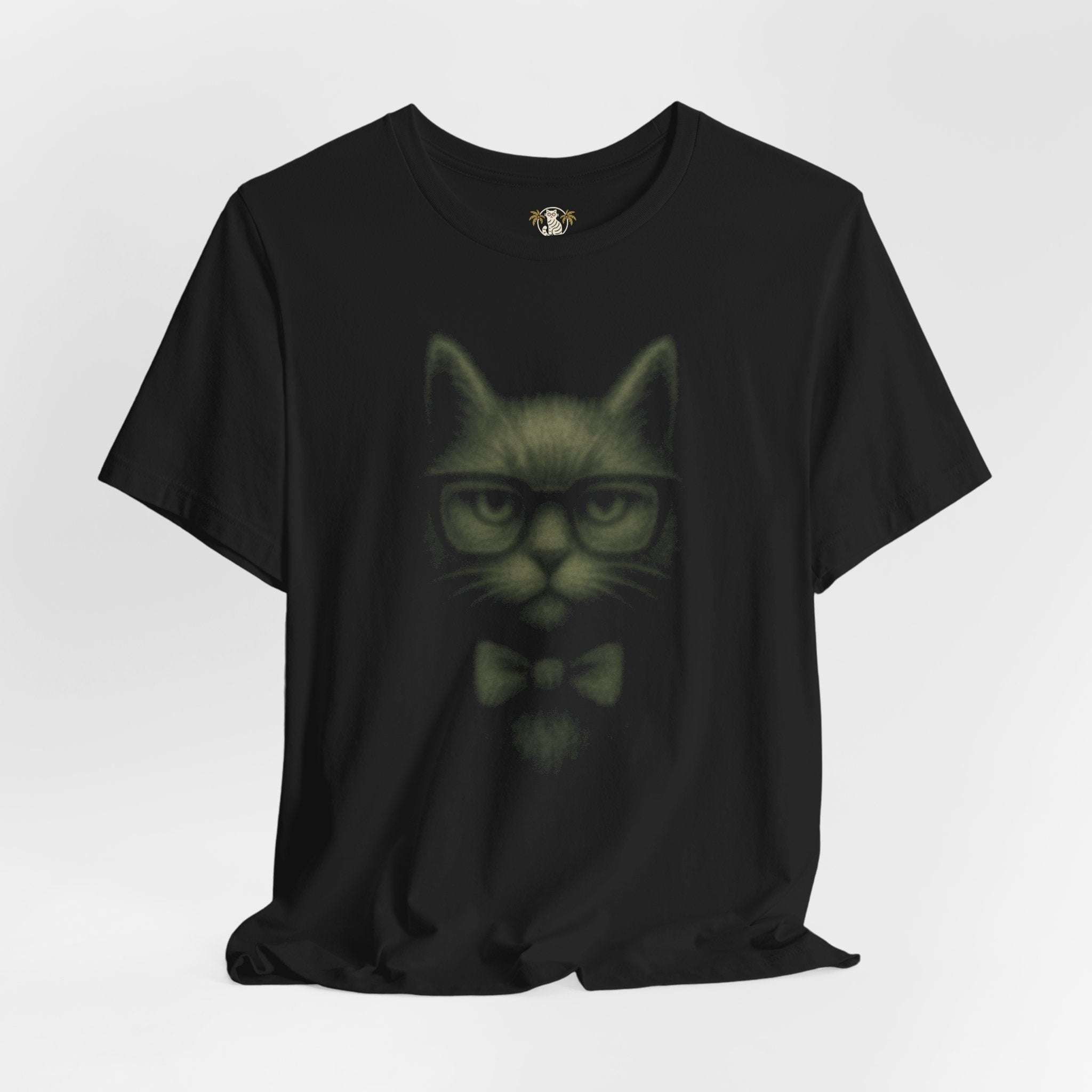 front view of women's black graphic cat t shirt cat on a shirt