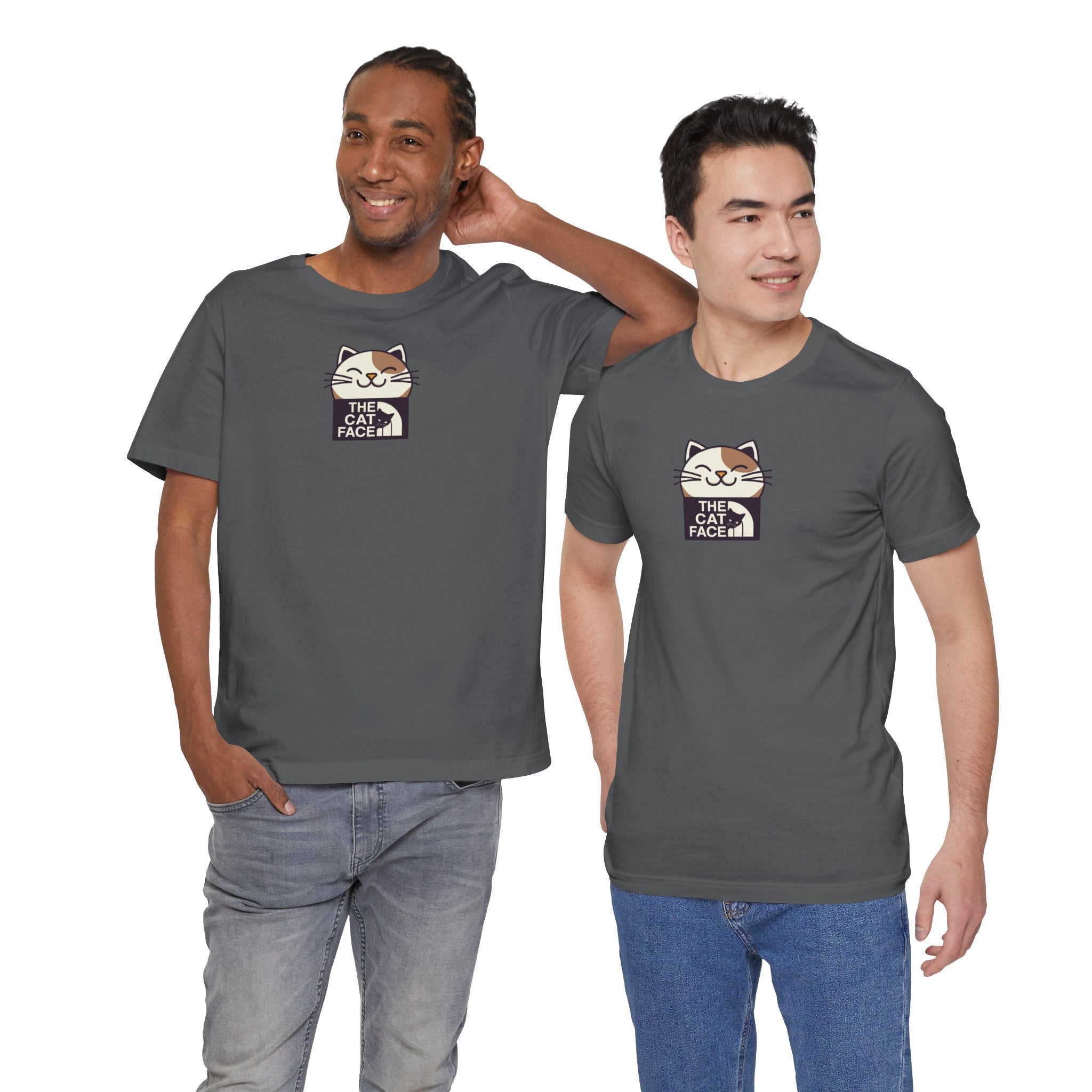 Two male models wearing funny cat themed shirts in asphalt gray