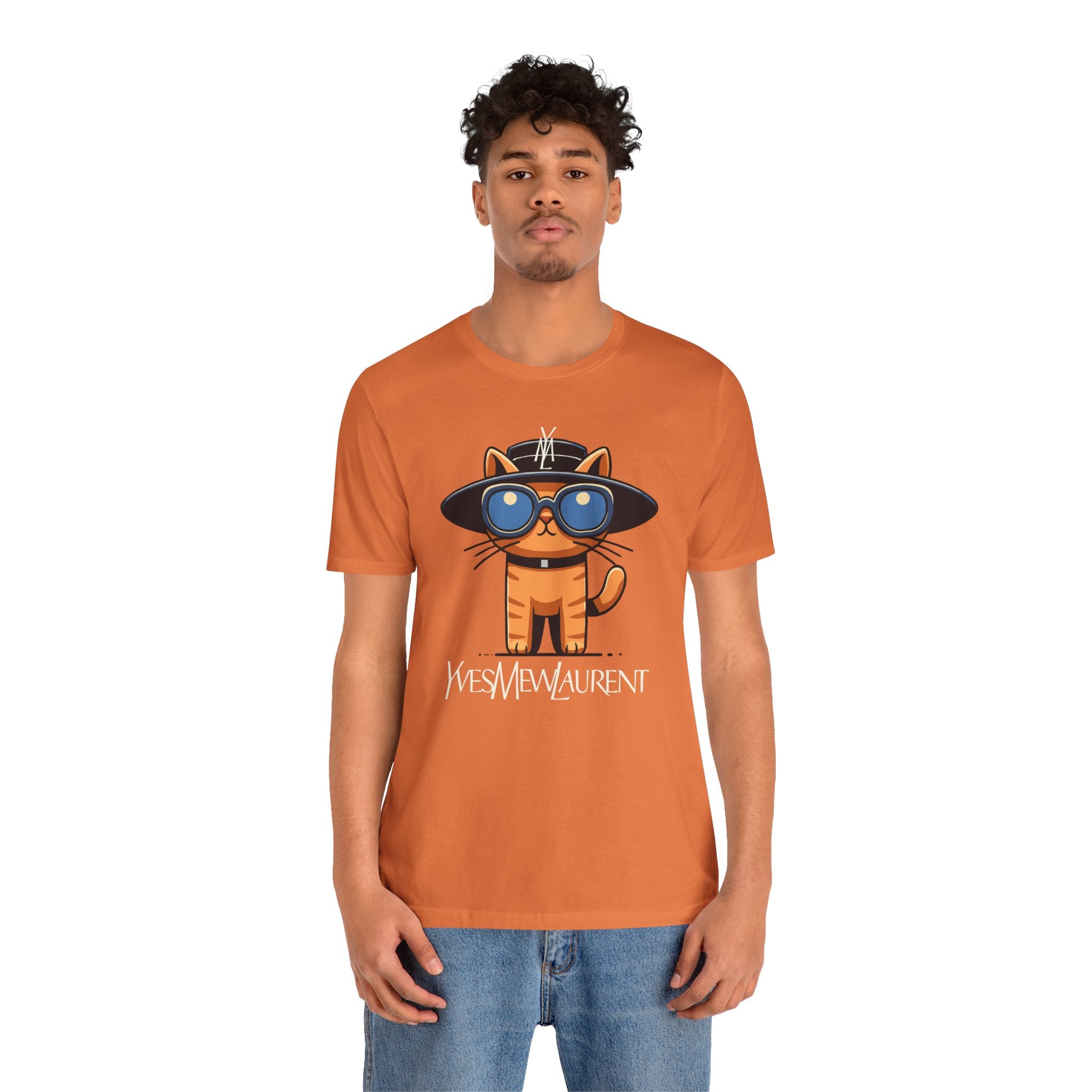 Burnt Orange Yves Mew Laurent Le Chat Icon Cat Graphic T Shirt on male model
