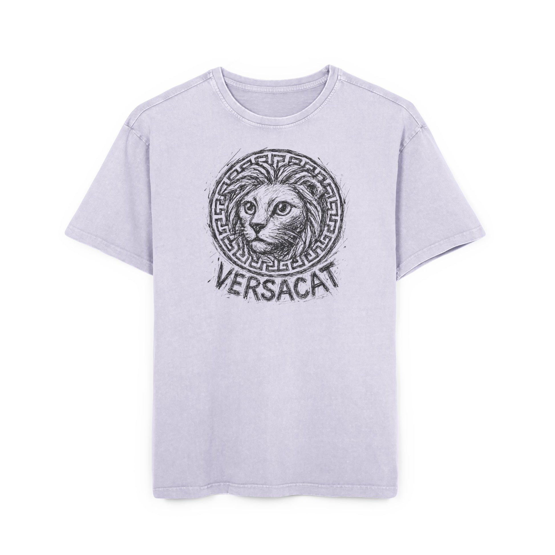 Versacat Sketch Logo Cat Graphic Women's Acid Washed Oversized T-Shirt, soft lilac front view