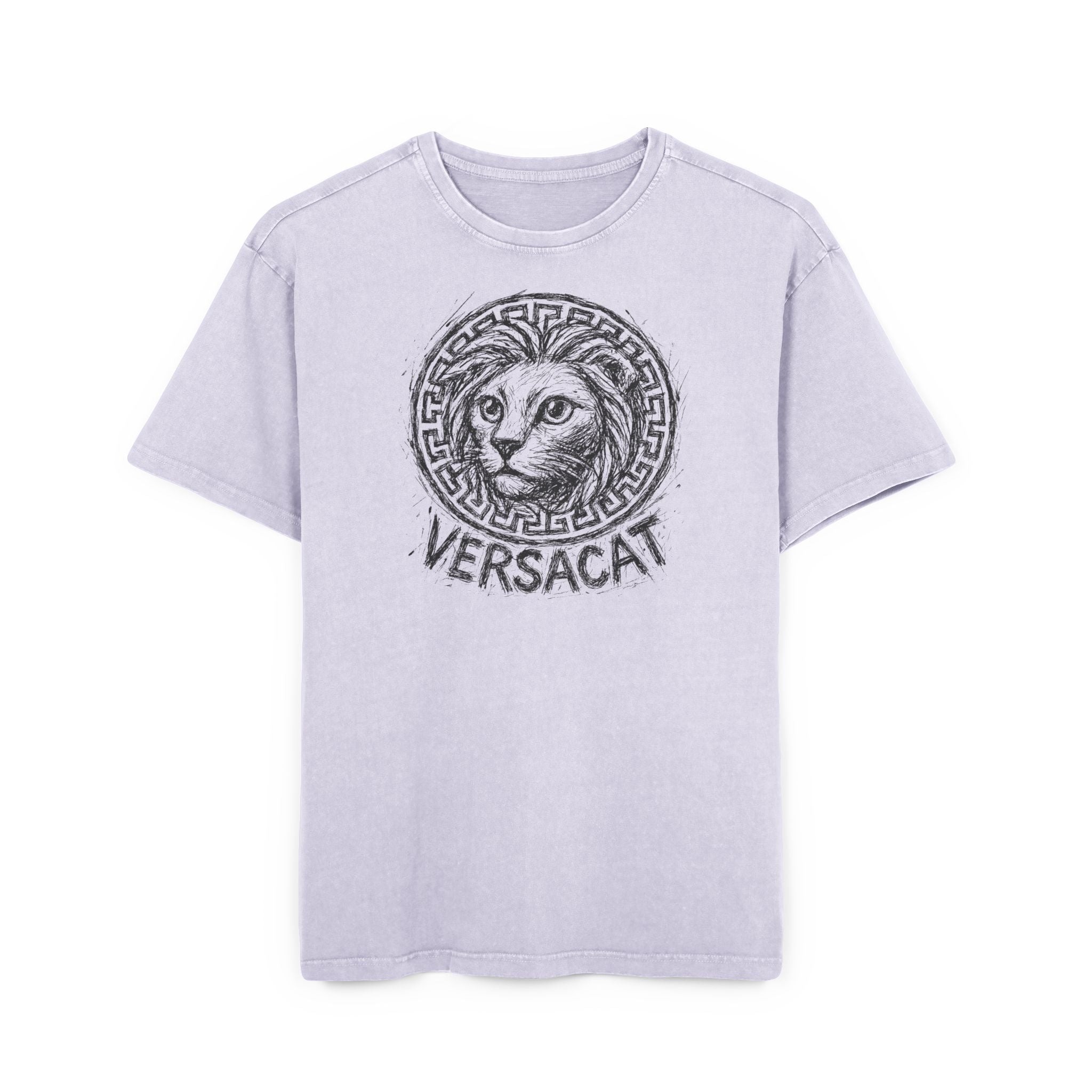 Versacat Sketch Logo Cat Graphic Women's Acid Washed Oversized T-Shirt, soft lilac front view