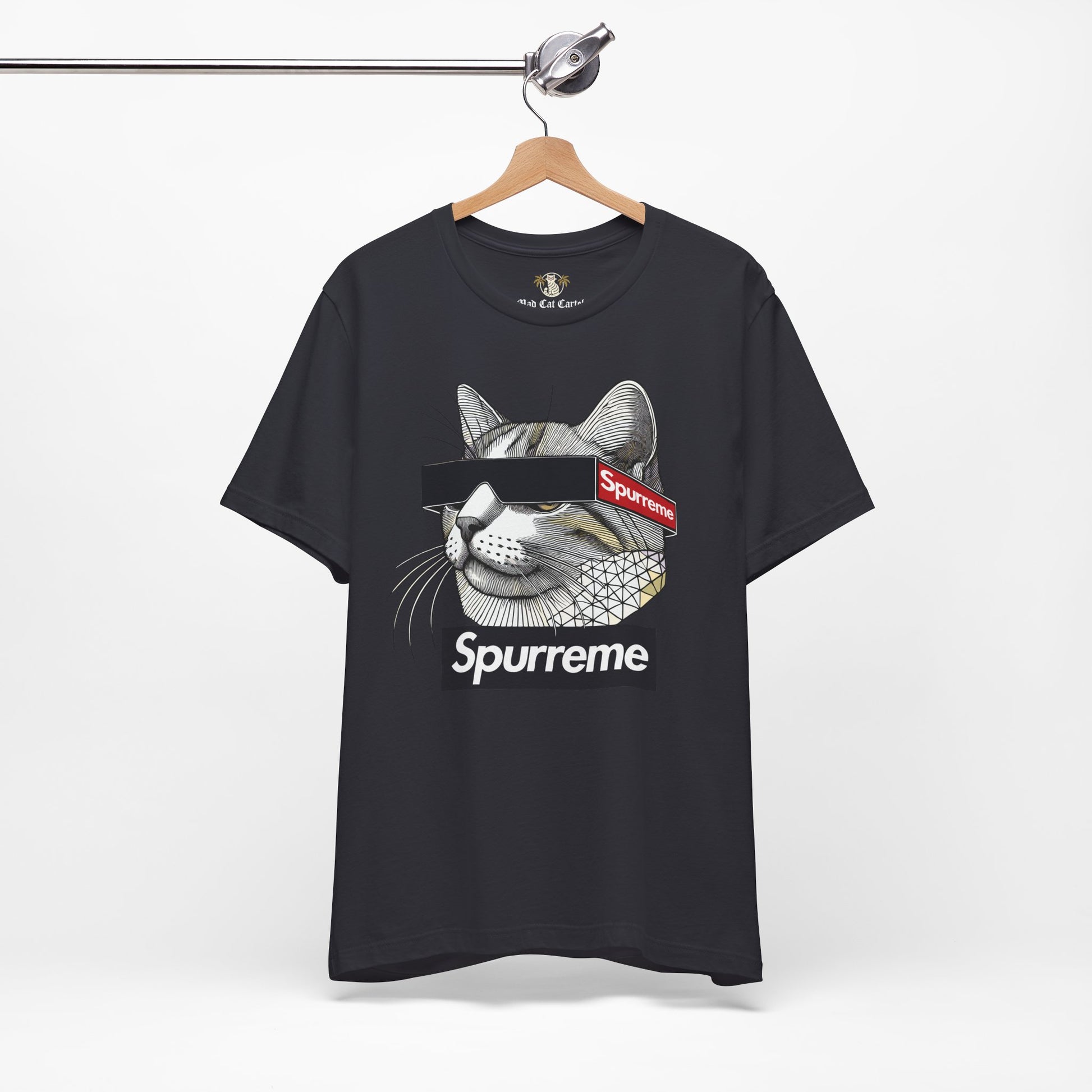 Spurreme Triangular Vision Cat Graphic T Shirt in Dark Grey on hanger, mens cat tee