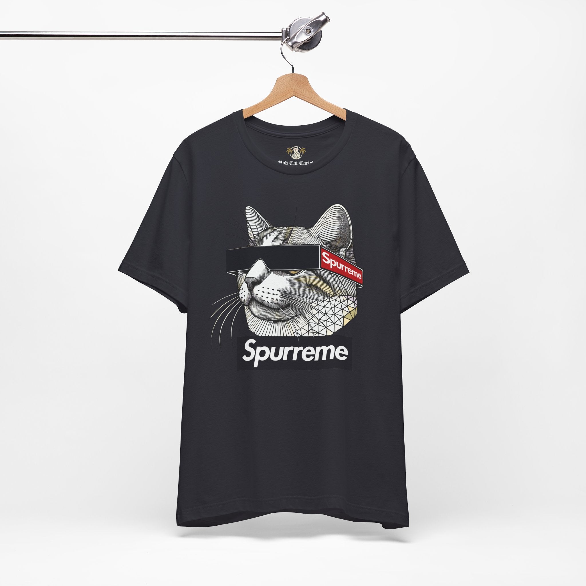 Spurreme Triangular Vision Cat Graphic T Shirt in Dark Grey on hanger, mens cat tee